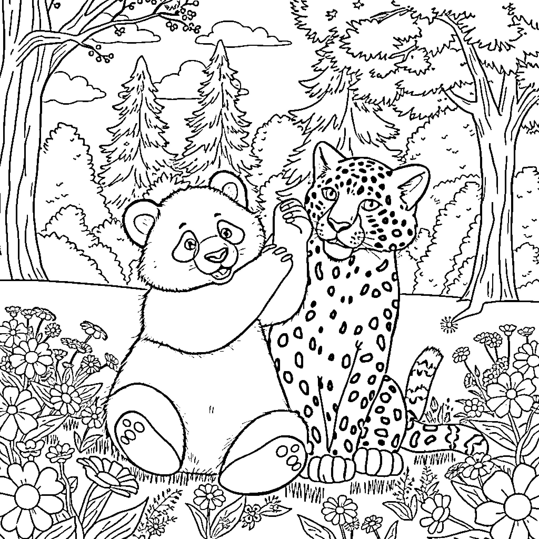 Panda and Leopard exploring the enchanted forest Coloring Page (free black-and-white line drawing printable PDF for all, from beginners to advanced learners, including children, teens, adults, and seniors)