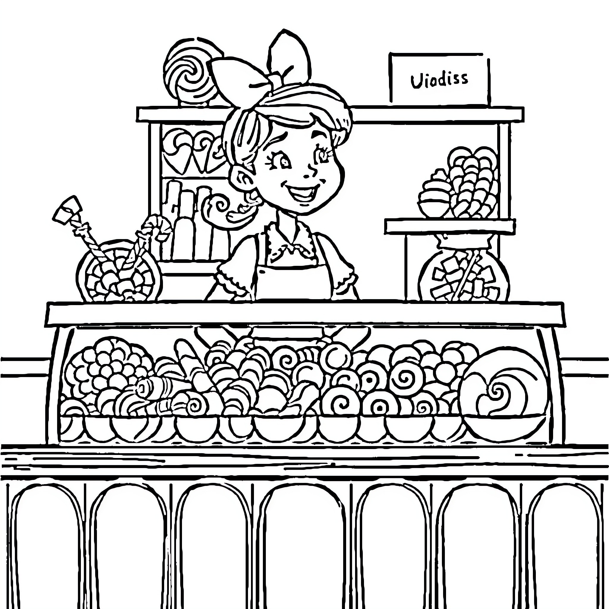 Candy Seller Smiling at Customers in Storefront Coloring Page (free black-and-white line drawing printable PDF for all, from beginners to advanced learners, including children, teens, adults, and seniors)