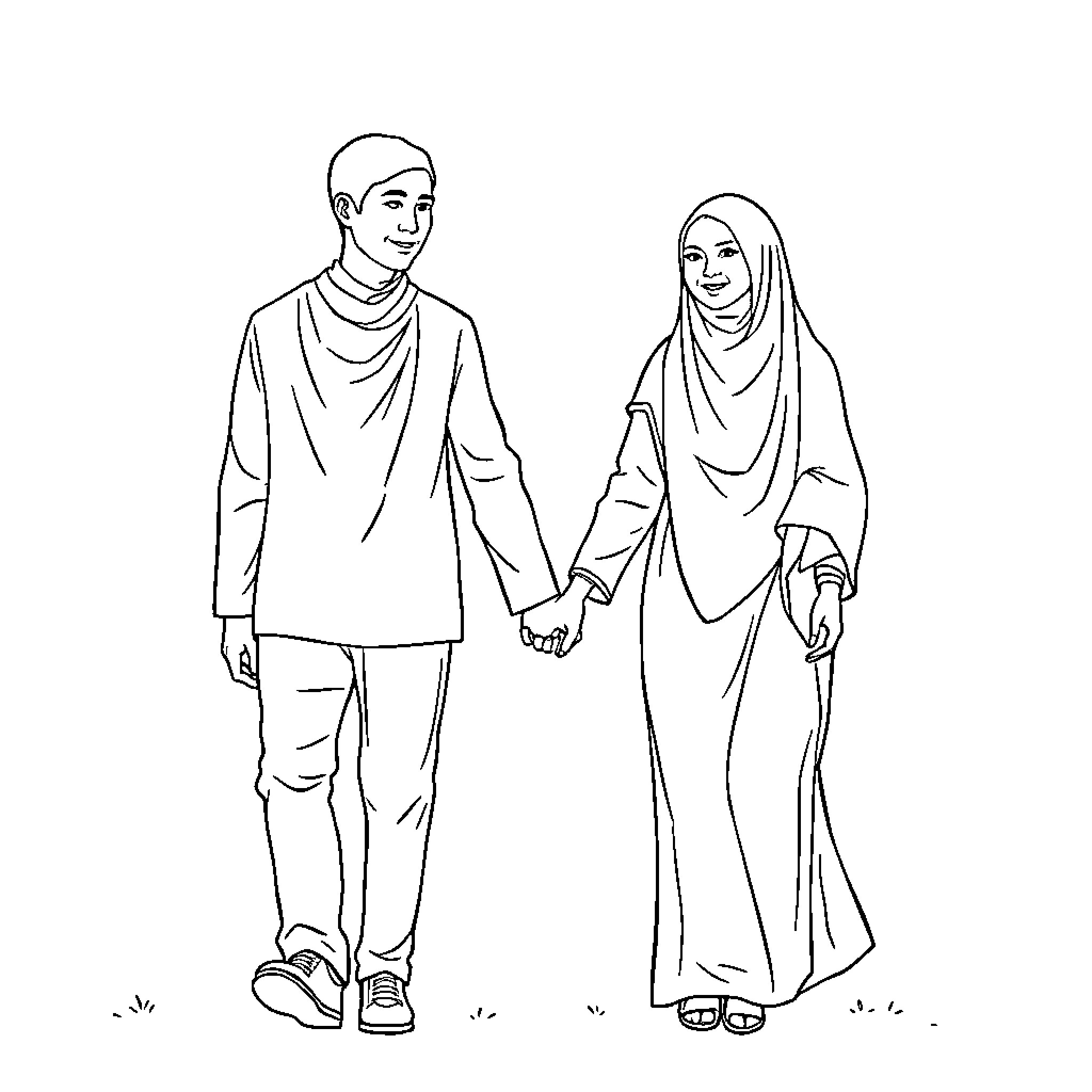 Husband and Wife Walking Together Lovingly Coloring Page (free black-and-white line drawing printable PDF for all, from beginners to advanced learners, including children, teens, adults, and seniors)