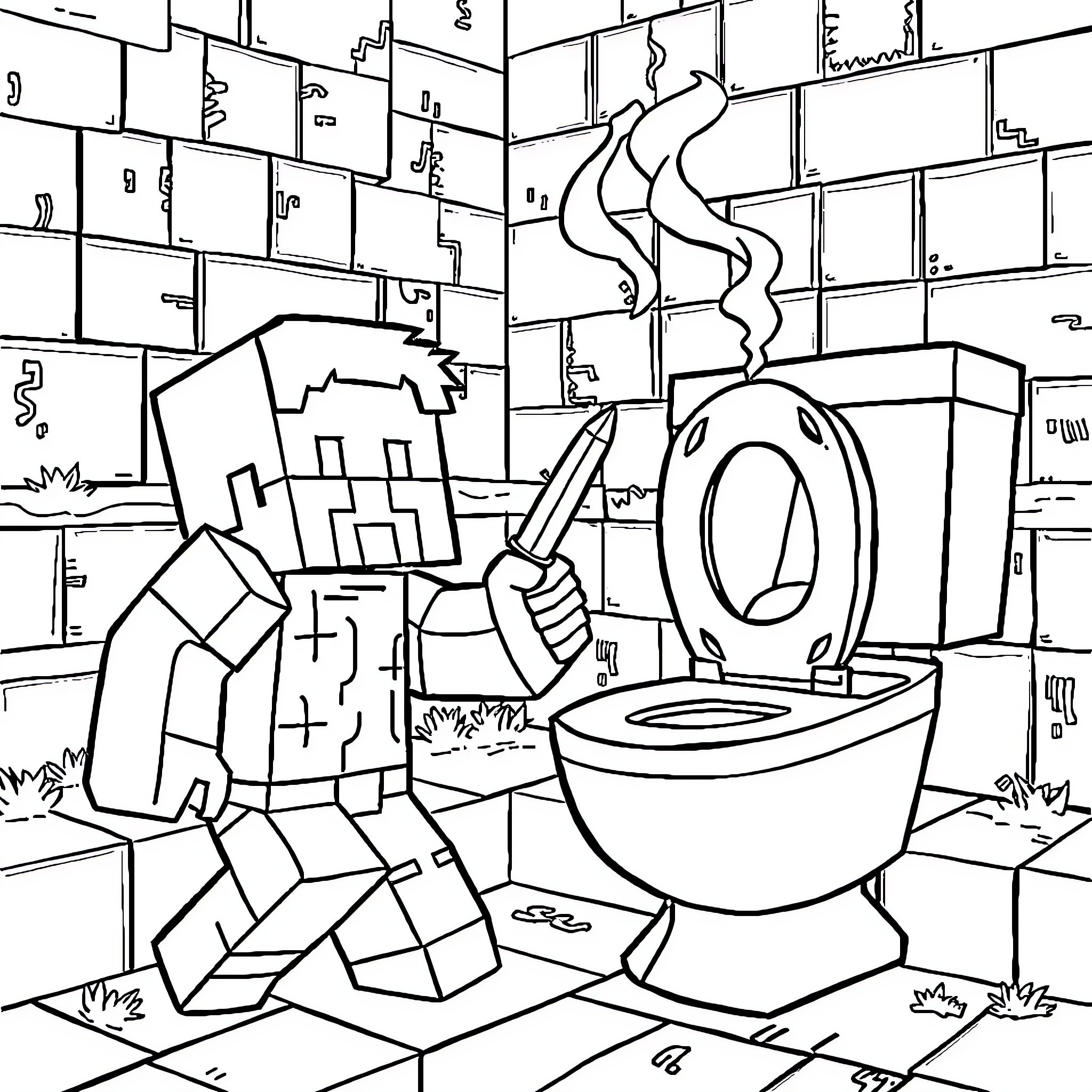Steve's Toilet Trouble: A Quirky Cubist Encounter Coloring Page (free black-and-white line drawing printable PDF for all, from beginners to advanced learners, including children, teens, adults, and seniors)