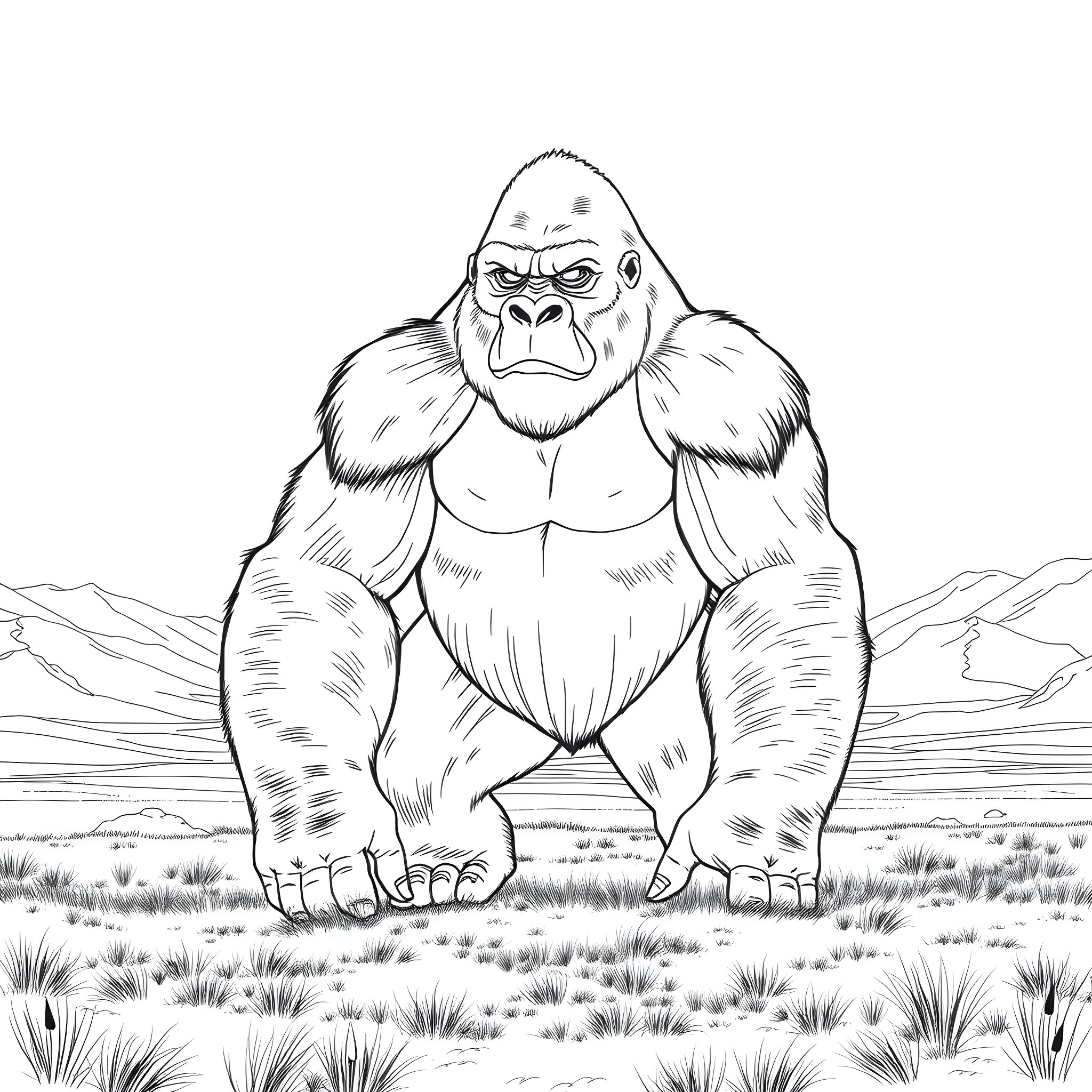 Gorilla standing strong in the wilderness Coloring Page (free black-and-white line drawing printable PDF for all, from beginners to advanced learners, including children, teens, adults, and seniors)
