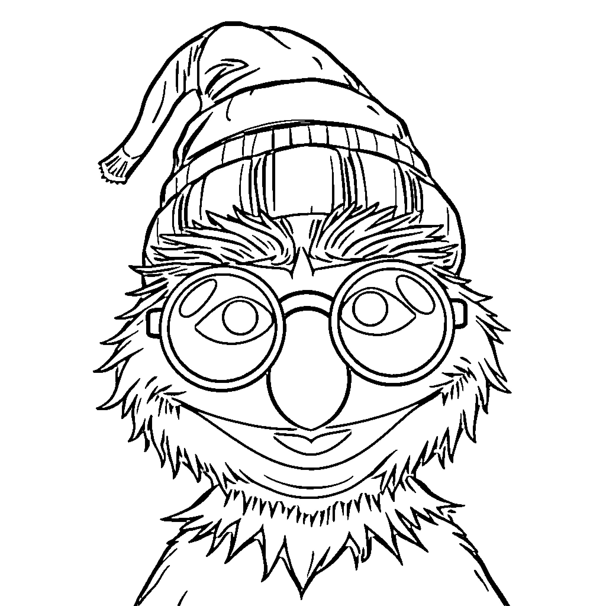 Oscar wearing a warm hat and glasses Coloring Page (free black-and-white line drawing printable PDF for all, from beginners to advanced learners, including children, teens, adults, and seniors)