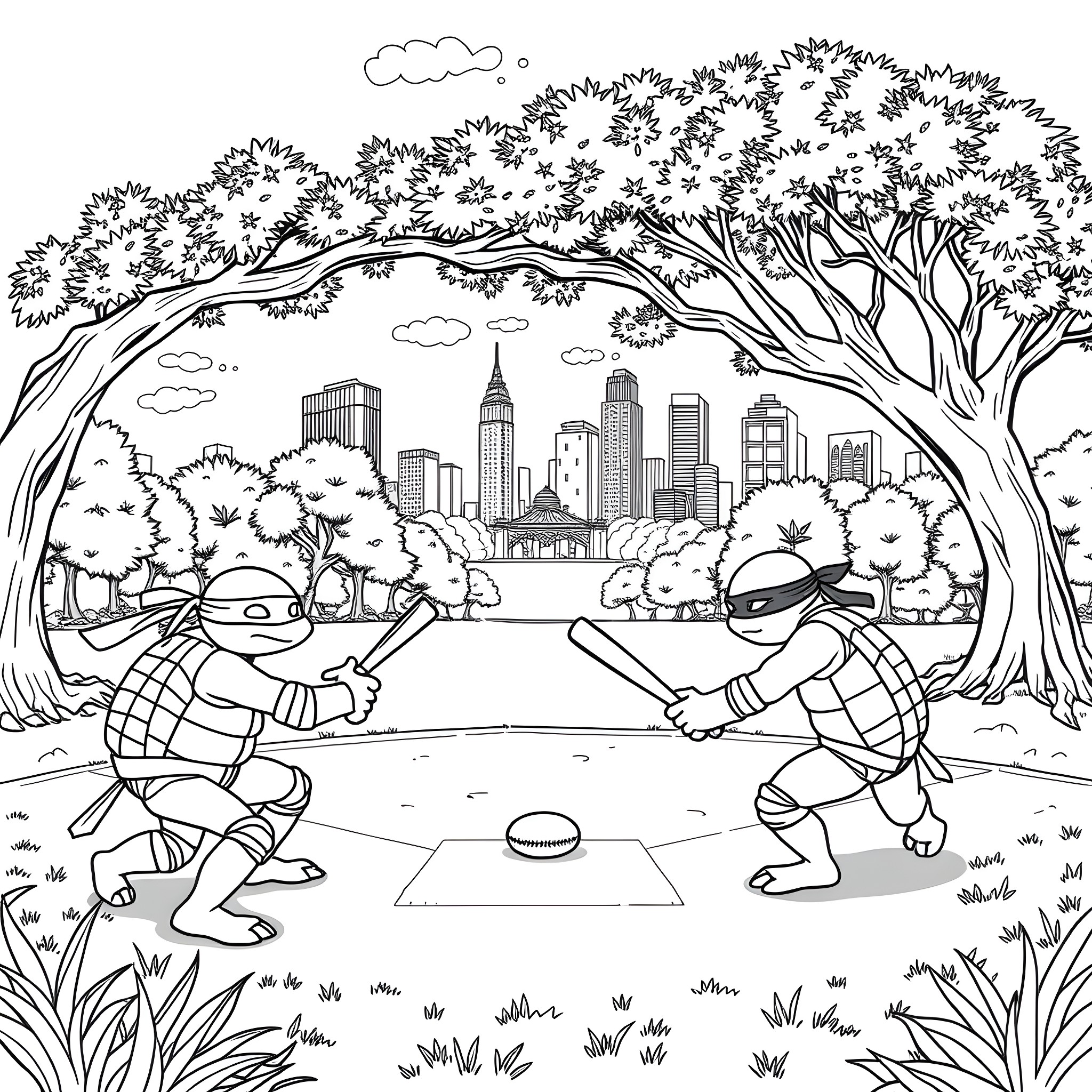 Ninja Turtles battling in the city park Coloring Page (free black-and-white line drawing printable PDF for all, from beginners to advanced learners, including children, teens, adults, and seniors)