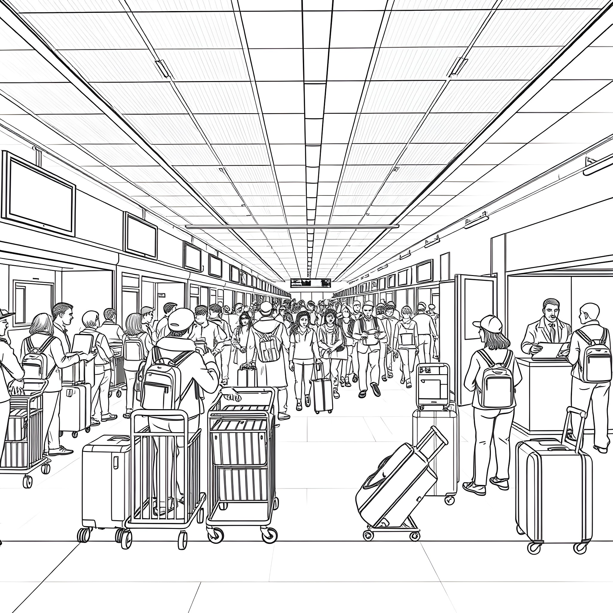 Airport Bustling with Travelers and Luggage Coloring Page (free black-and-white line drawing printable PDF for all, from beginners to advanced learners, including children, teens, adults, and seniors)