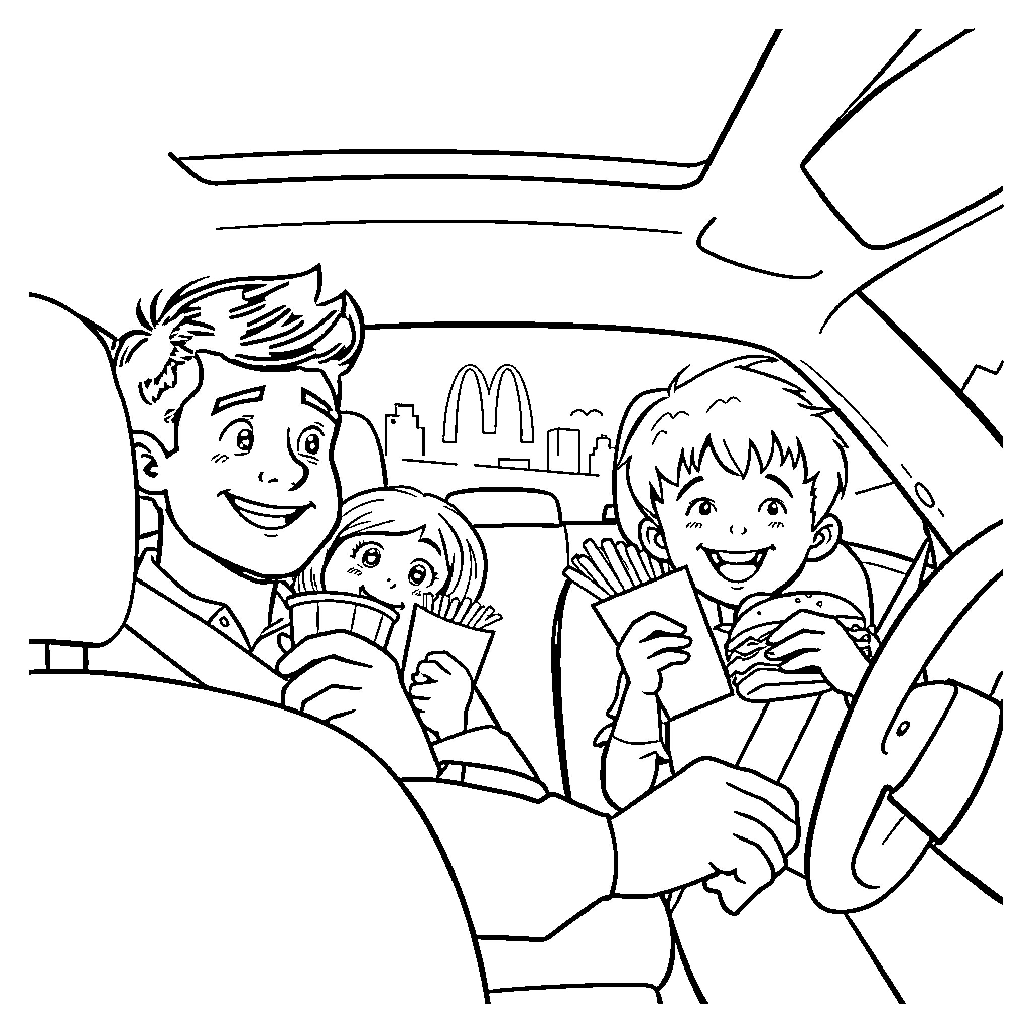 Car Ride with Happy Family Coloring Page (free black-and-white line drawing printable PDF for all, from beginners to advanced learners, including children, teens, adults, and seniors)