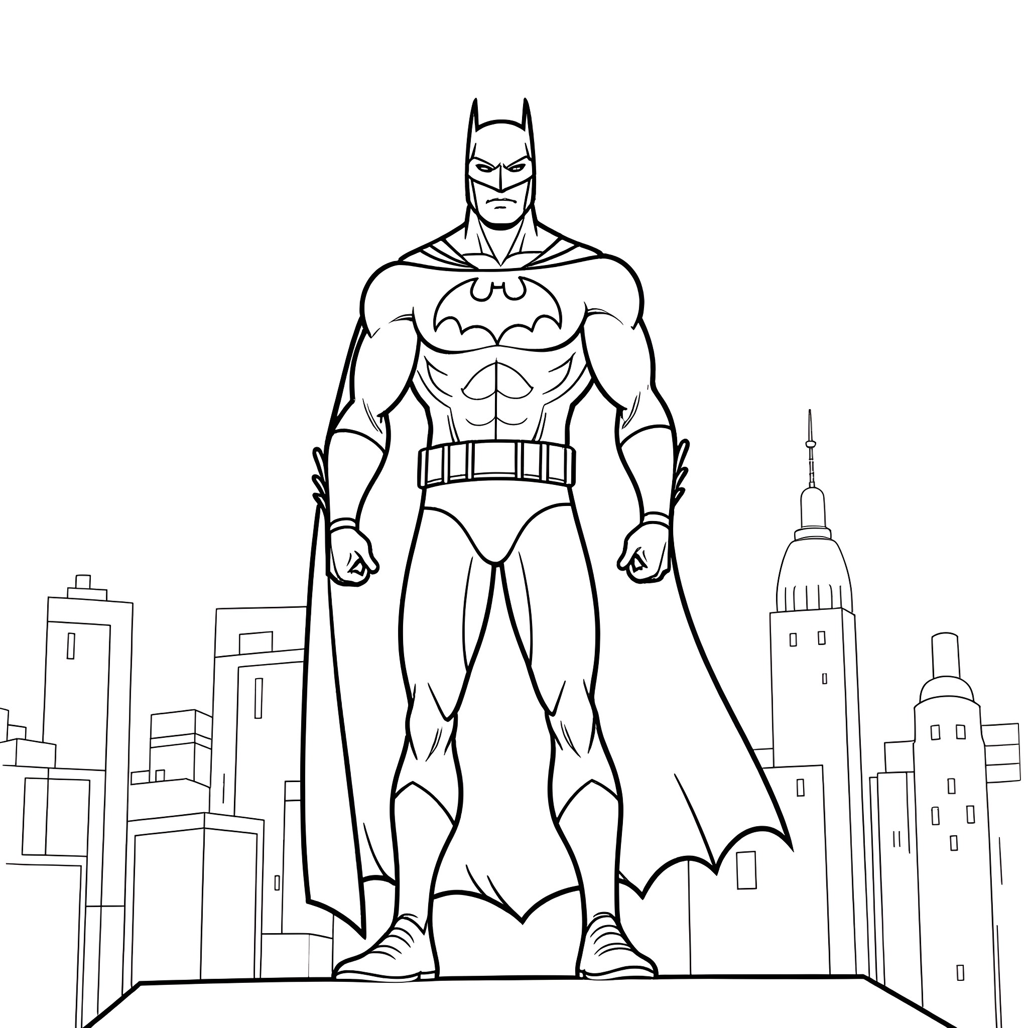 Batman standing tall in the city skyline Coloring Page (free black-and-white line drawing printable PDF for all, from beginners to advanced learners, including children, teens, adults, and seniors)