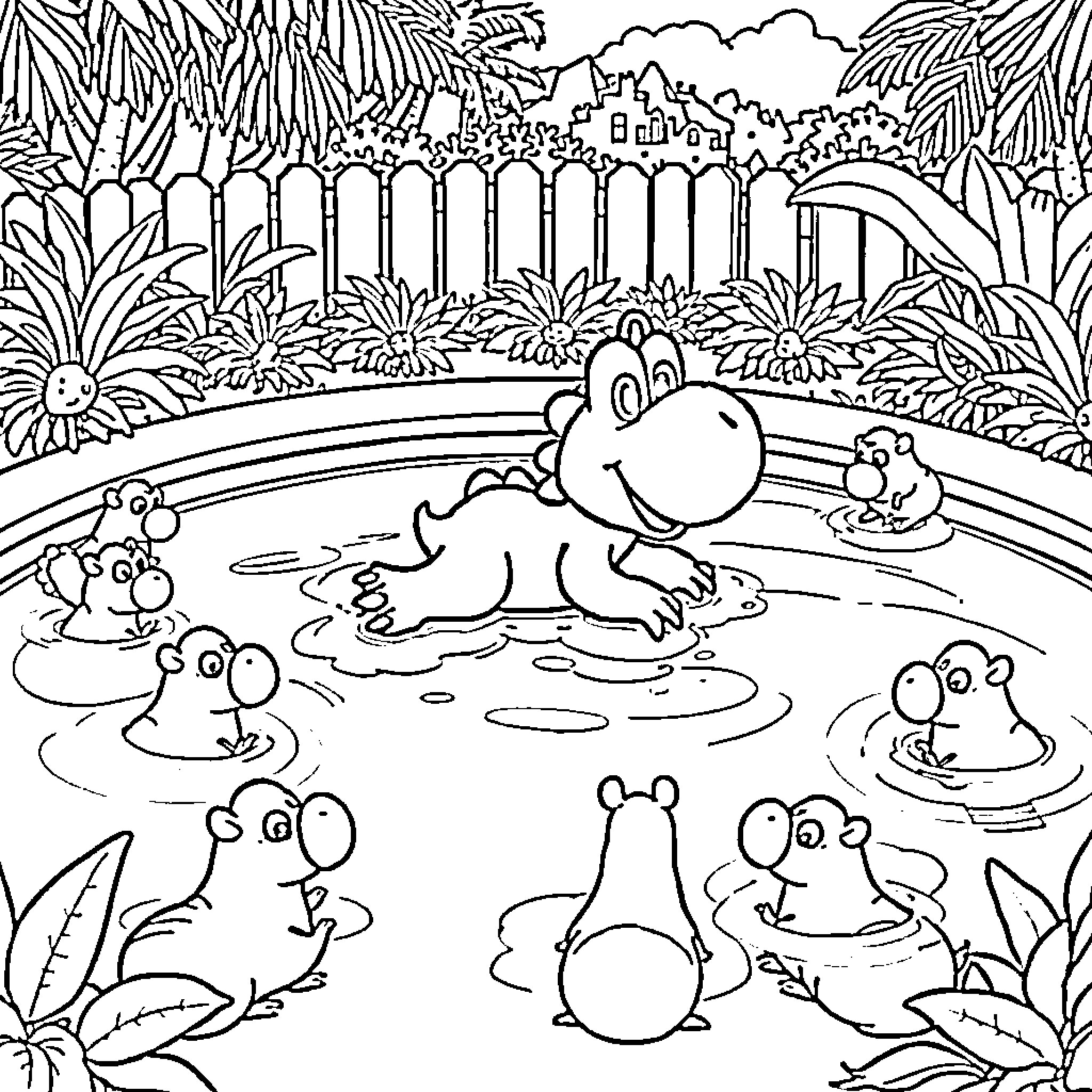 Yoshi's Cheerful Pond Adventure Coloring Page (free black-and-white line drawing printable PDF for all, from beginners to advanced learners, including children, teens, adults, and seniors)