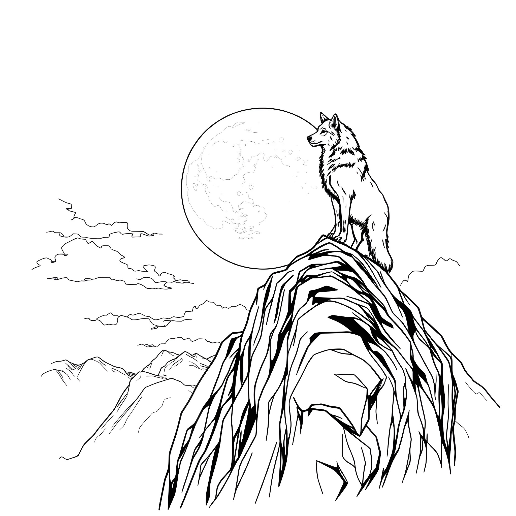 Wolf howling at the moon atop a rugged cliff Coloring Page (free black-and-white line drawing printable PDF for all, from beginners to advanced learners, including children, teens, adults, and seniors)