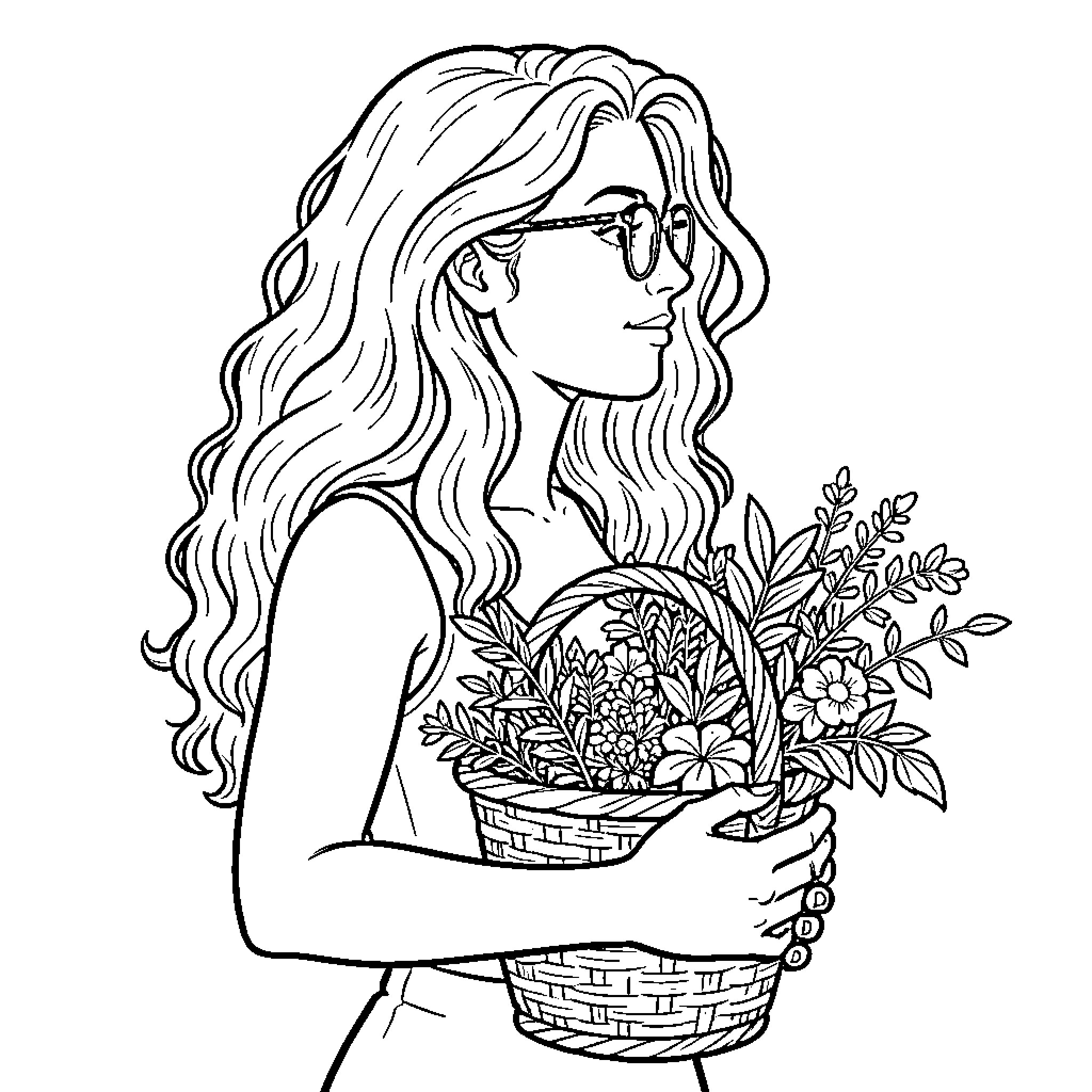 Woman with long wavy hair holding a flower basket Coloring Page (free black-and-white line drawing printable PDF for all, from beginners to advanced learners, including children, teens, adults, and seniors)