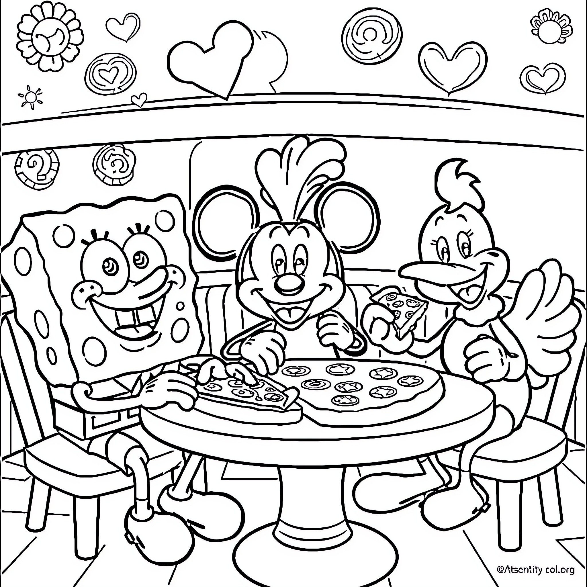 Character friends enjoying pizza party Coloring Page (free black-and-white line drawing printable PDF for all, from beginners to advanced learners, including children, teens, adults, and seniors)