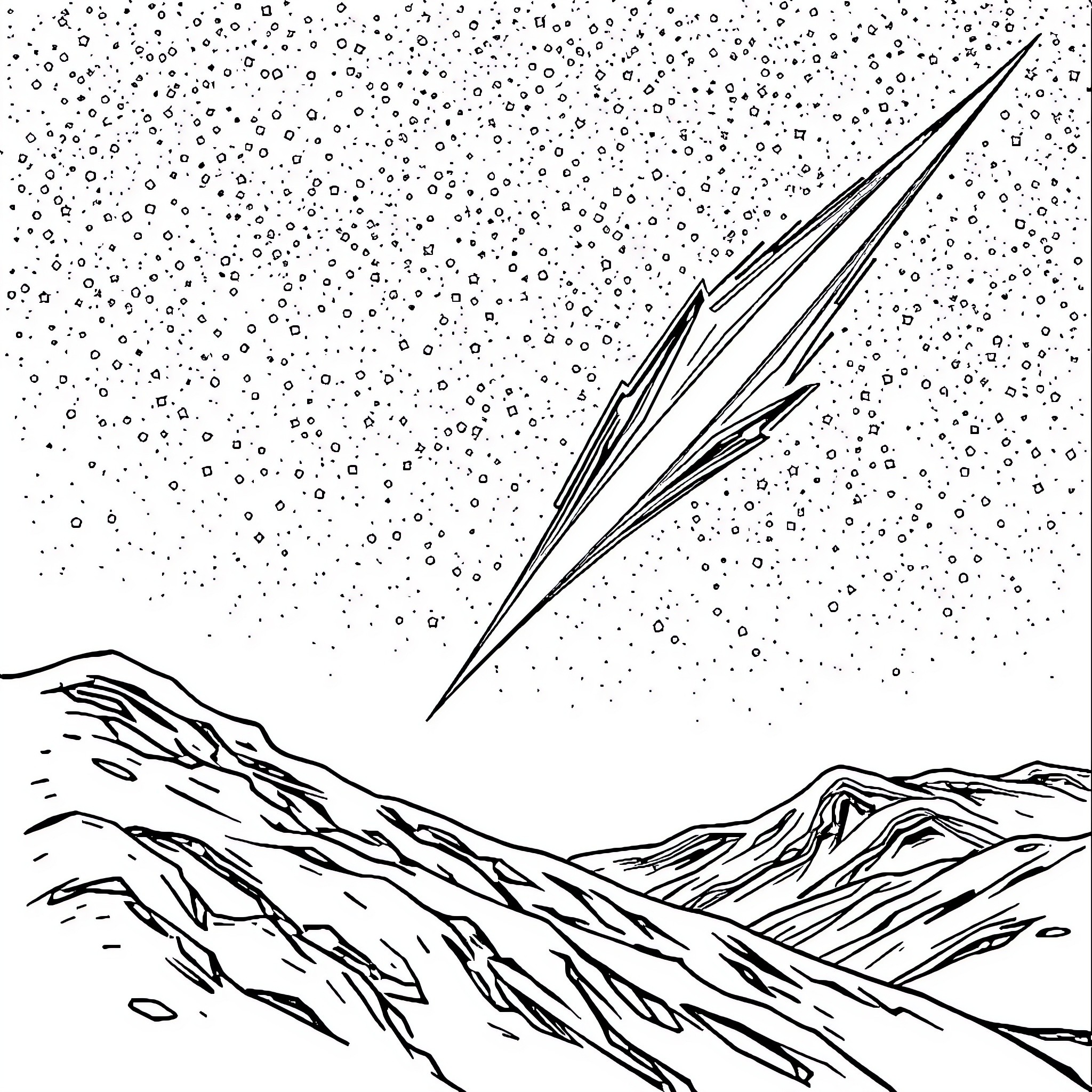 Meteor streaking across starry night sky Coloring Page (free black-and-white line drawing printable PDF for all, from beginners to advanced learners, including children, teens, adults, and seniors)