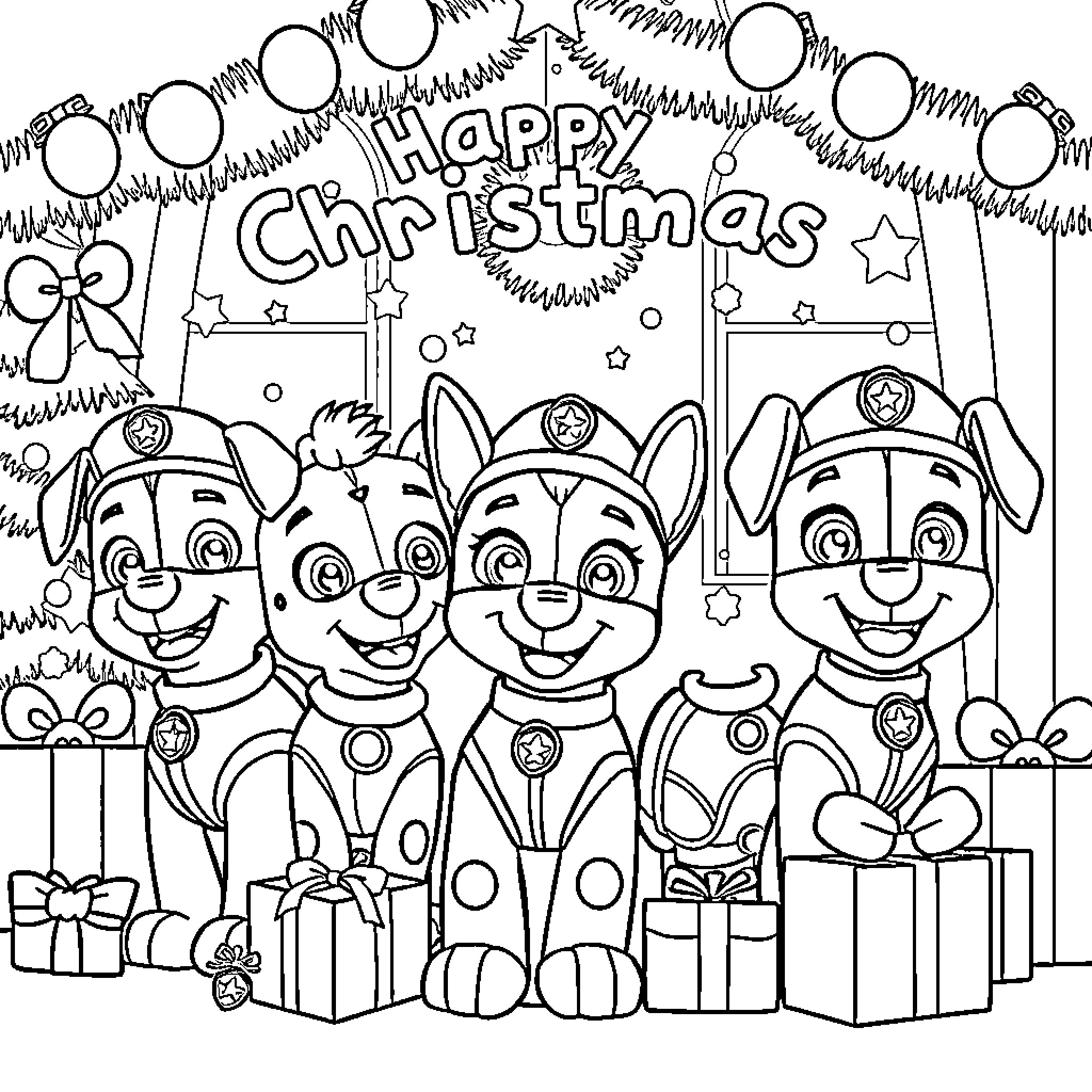 Paw Patrol's Happy Christmas with Puppies and Presents Coloring Page (free black-and-white line drawing printable PDF for all, from beginners to advanced learners, including children, teens, adults, and seniors)