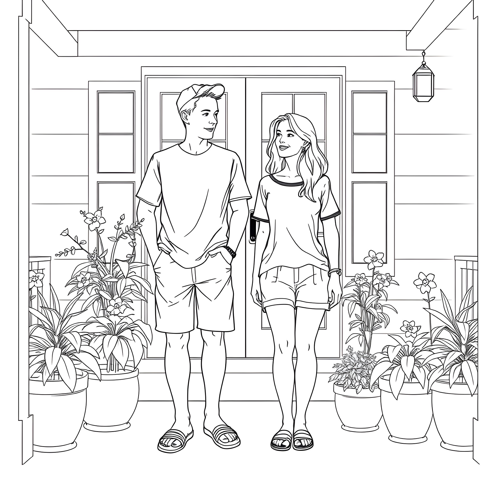 Man and Woman Standing on Porch with Potted Plants Coloring Page (free black-and-white line drawing printable PDF for all, from beginners to advanced learners, including children, teens, adults, and seniors)