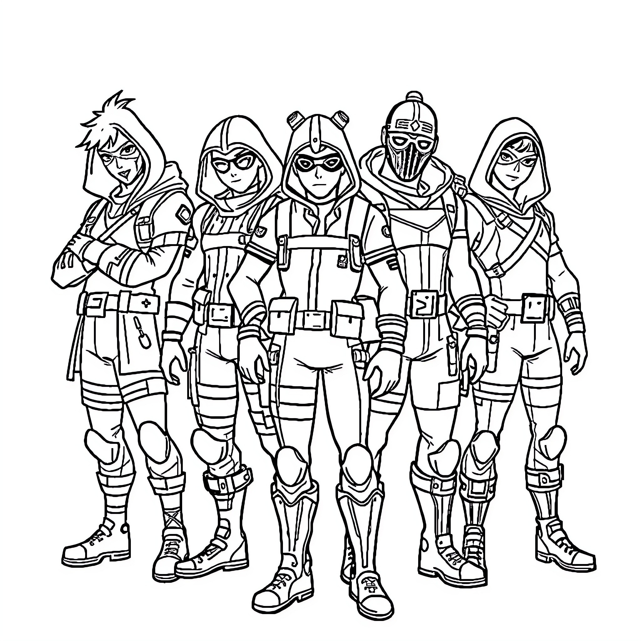 Fortnite Characters in Battle Attire Coloring Page (free black-and-white line drawing printable PDF for all, from beginners to advanced learners, including children, teens, adults, and seniors)