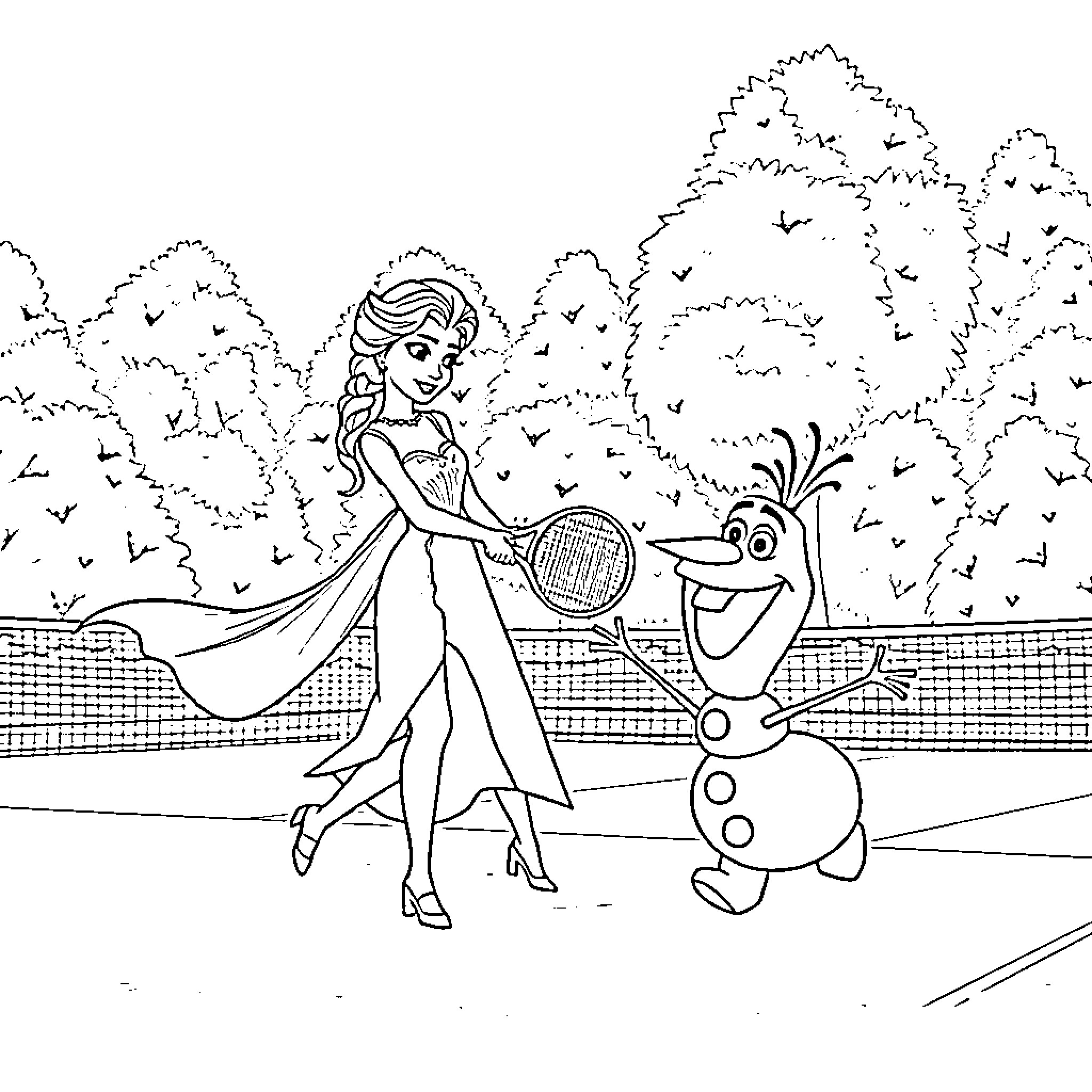 Elsa playing tennis with Olaf in the park Coloring Page (free black-and-white line drawing printable PDF for all, from beginners to advanced learners, including children, teens, adults, and seniors)
