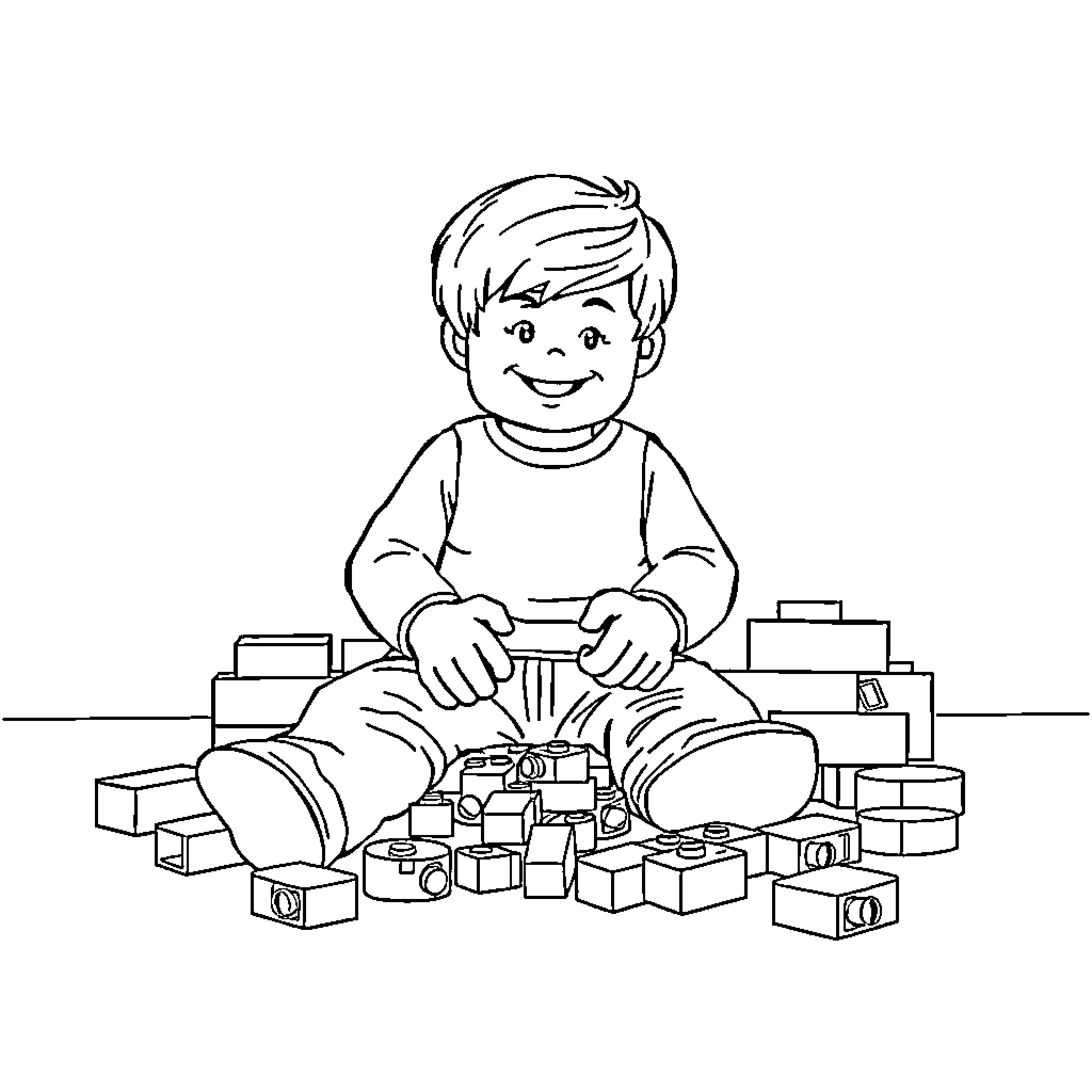 ET building toys with happy expression Coloring Page (free black-and-white line drawing printable PDF for all, from beginners to advanced learners, including children, teens, adults, and seniors)