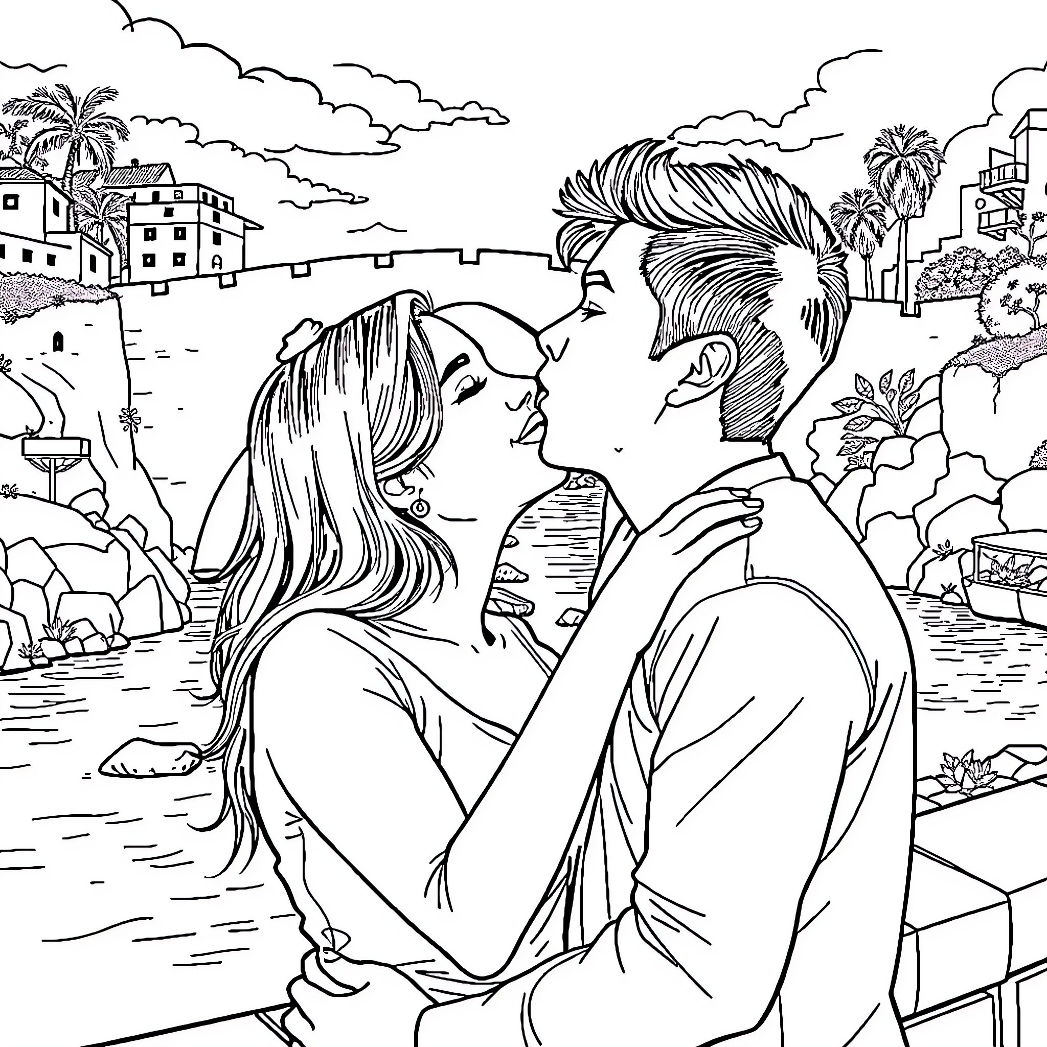 Karime Scander's Romantic Moment in the Coastal Town Coloring Page (free black-and-white line drawing printable PDF for all, from beginners to advanced learners, including children, teens, adults, and seniors)