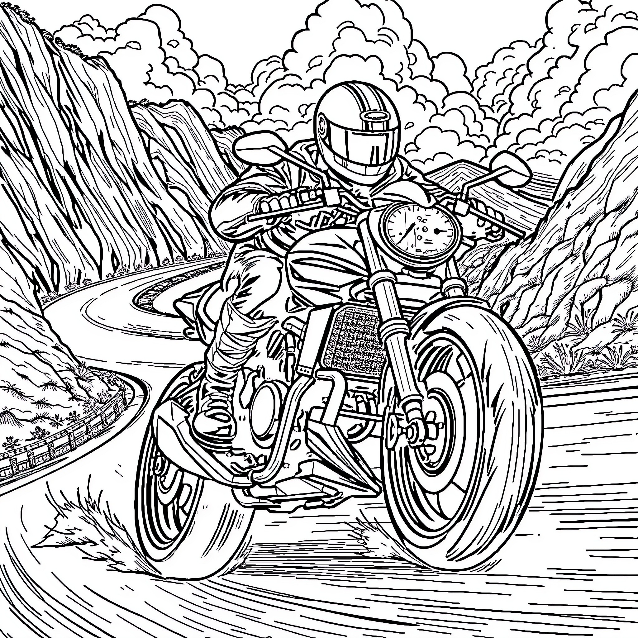 Sangoku Motorcycle Rider Navigating Rugged Terrain Coloring Page (free black-and-white line drawing printable PDF for all, from beginners to advanced learners, including children, teens, adults, and seniors)
