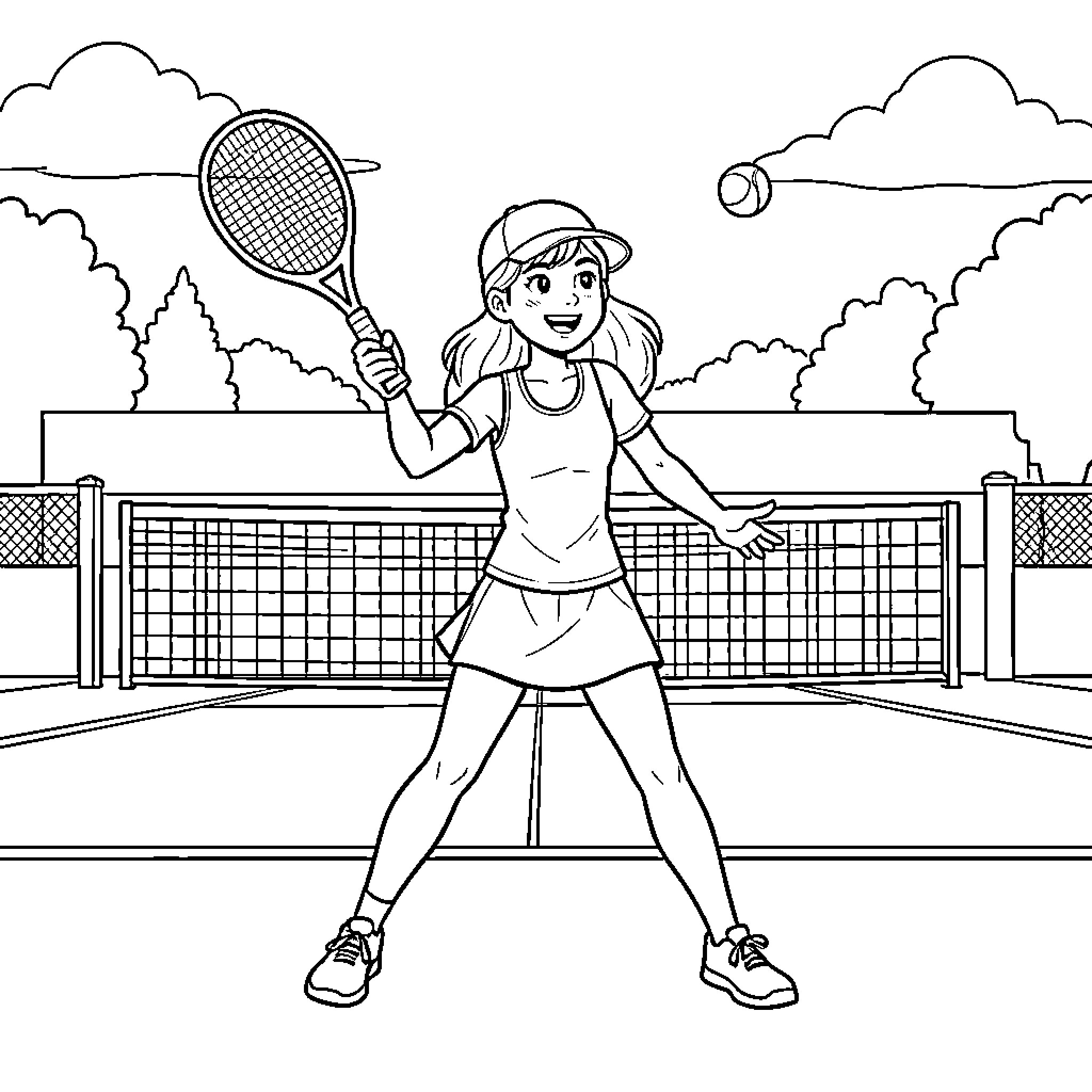 Tennis Girl playing an active match on court Coloring Page (free black-and-white line drawing printable PDF for all, from beginners to advanced learners, including children, teens, adults, and seniors)