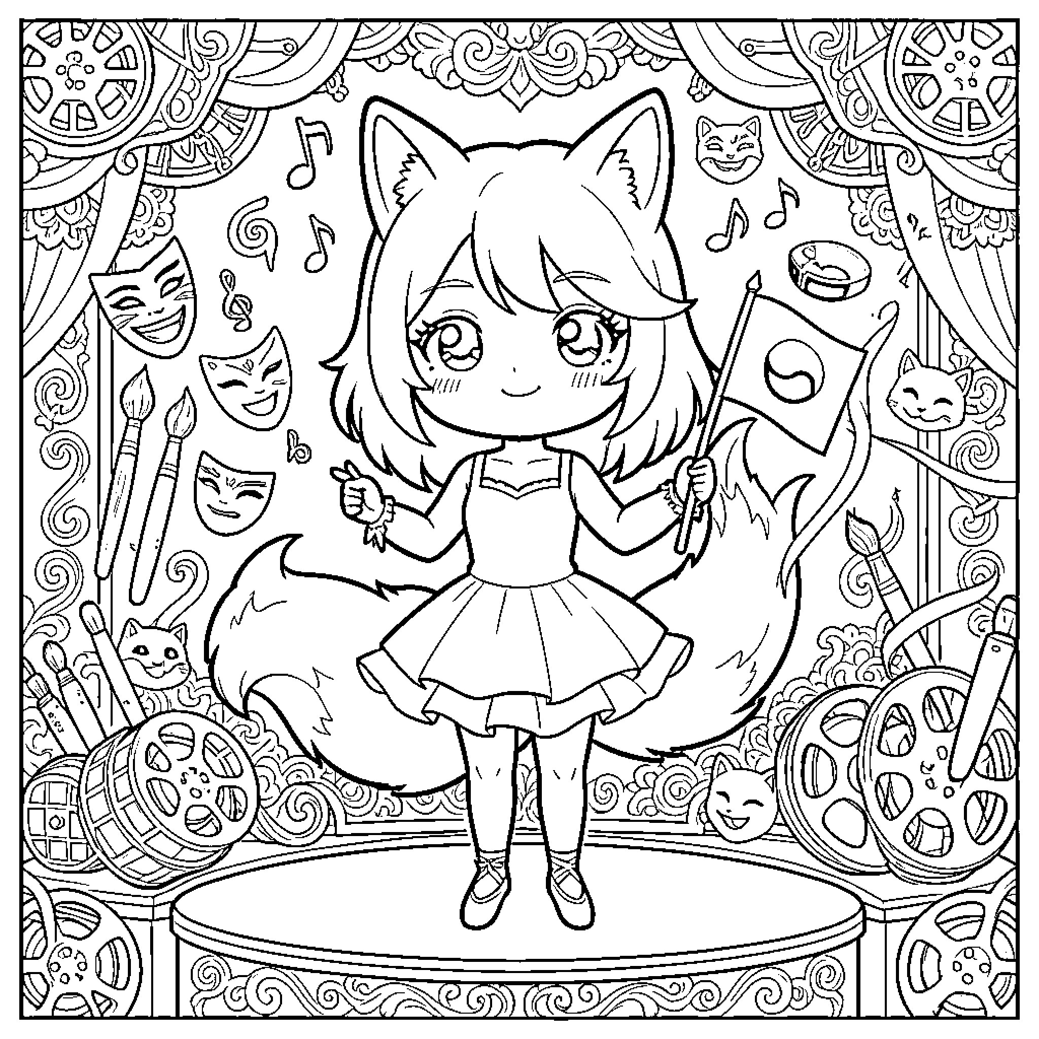 Kitsune girl surrounded by musical symbols and masks Coloring Page (free black-and-white line drawing printable PDF for all, from beginners to advanced learners, including children, teens, adults, and seniors)