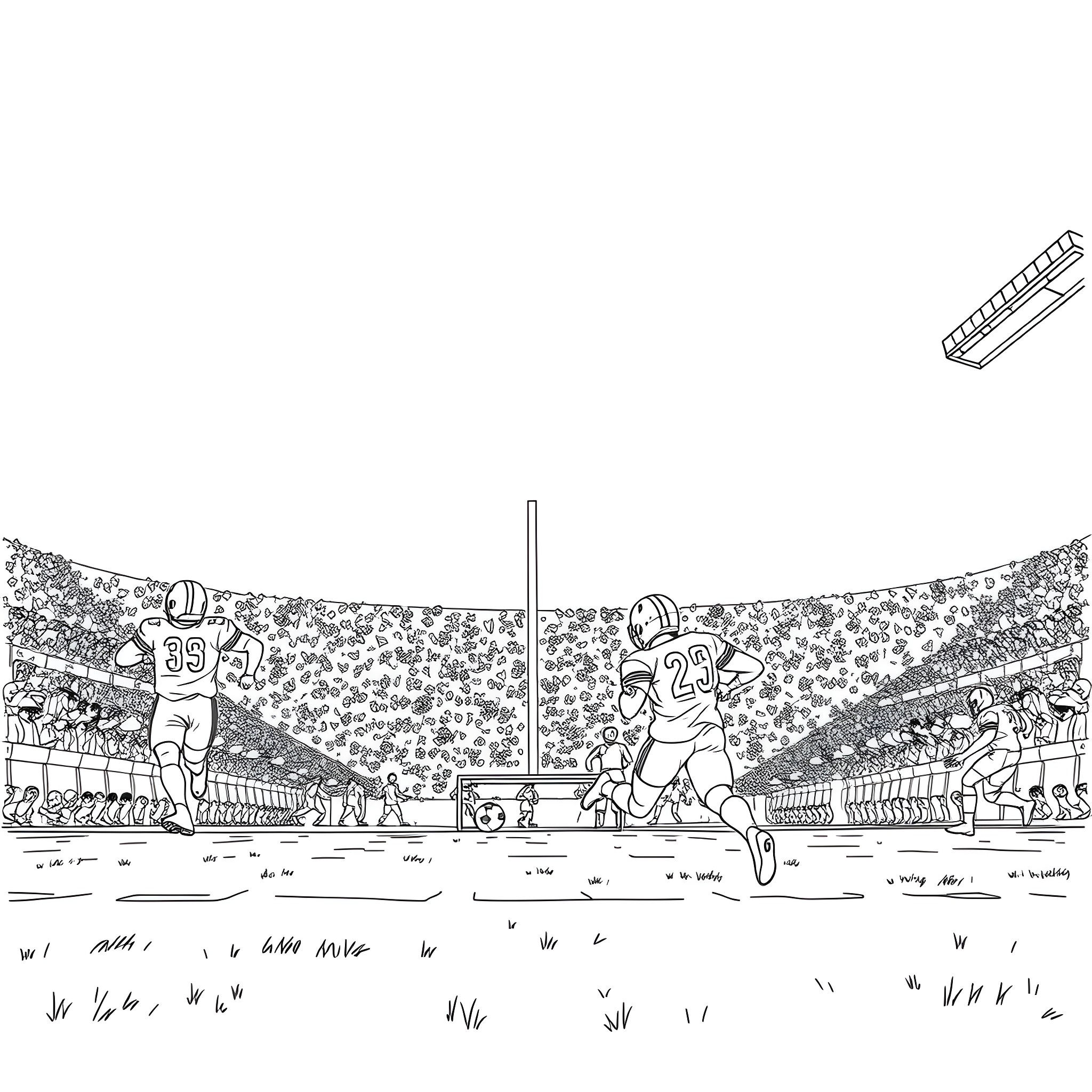 Football players competing on the field Coloring Page (free black-and-white line drawing printable PDF for all, from beginners to advanced learners, including children, teens, adults, and seniors)