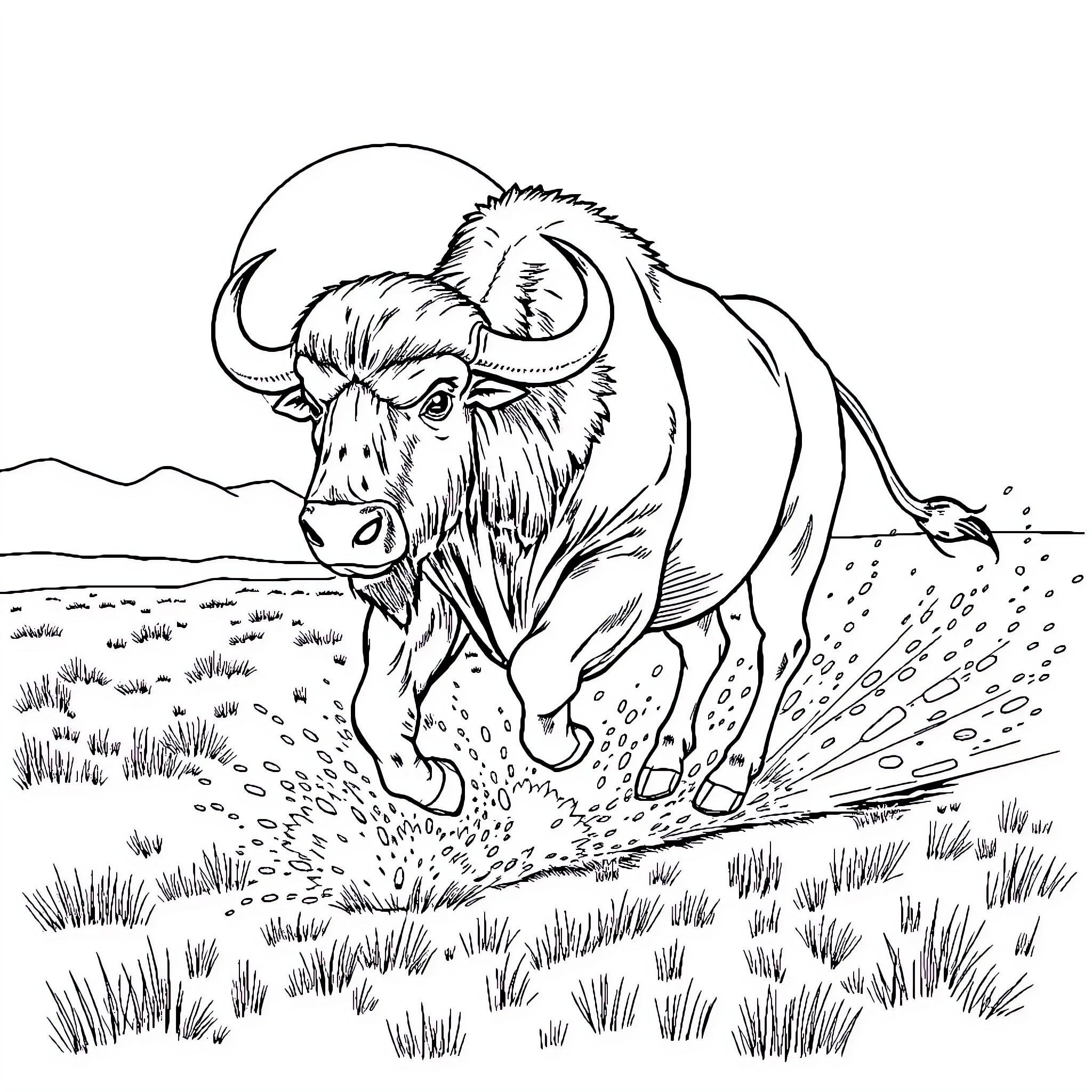 Buffalo charging through the grasslands Coloring Page (free black-and-white line drawing printable PDF for all, from beginners to advanced learners, including children, teens, adults, and seniors)
