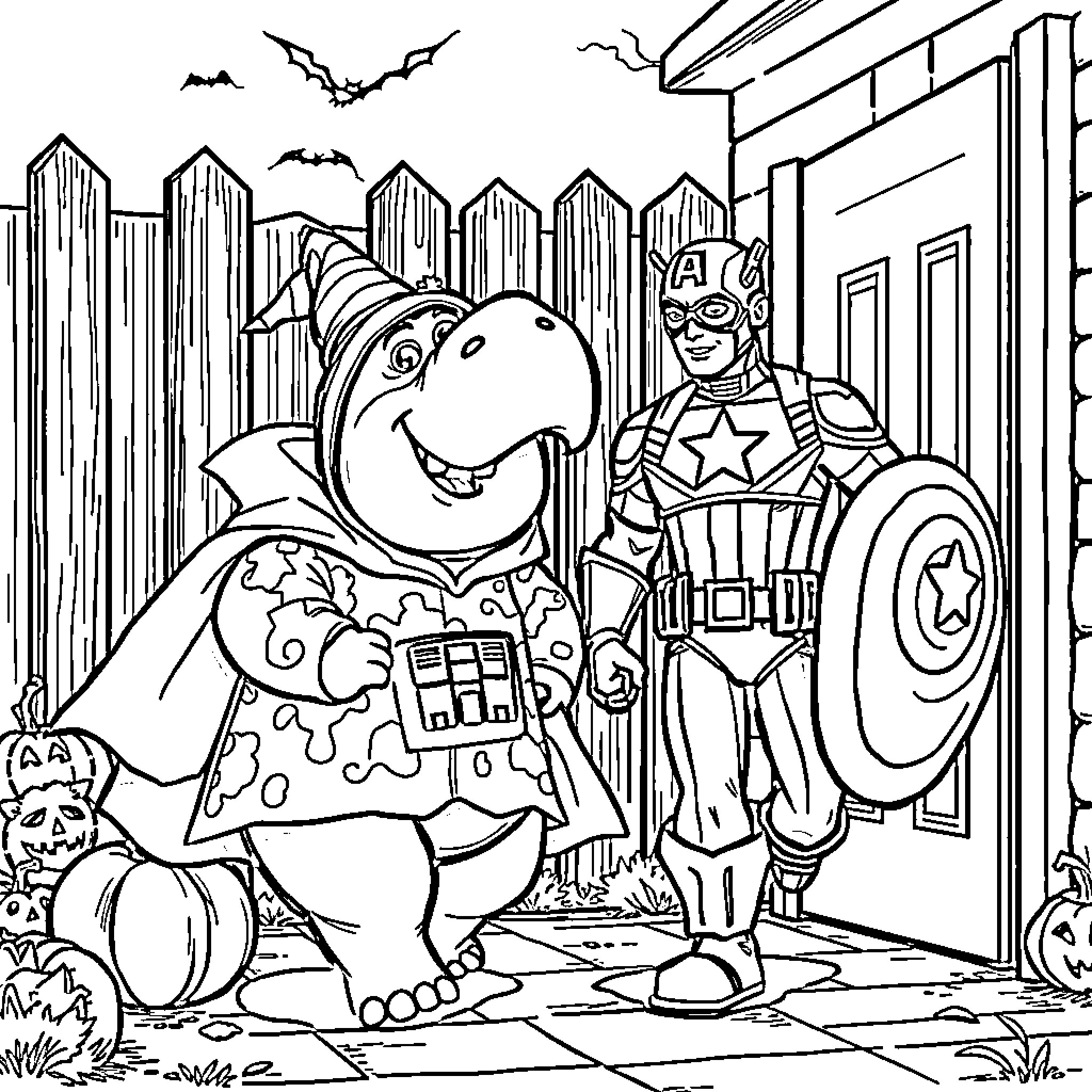 Hippo and superhero trick-or-treating on Halloween Coloring Page (free black-and-white line drawing printable PDF for all, from beginners to advanced learners, including children, teens, adults, and seniors)