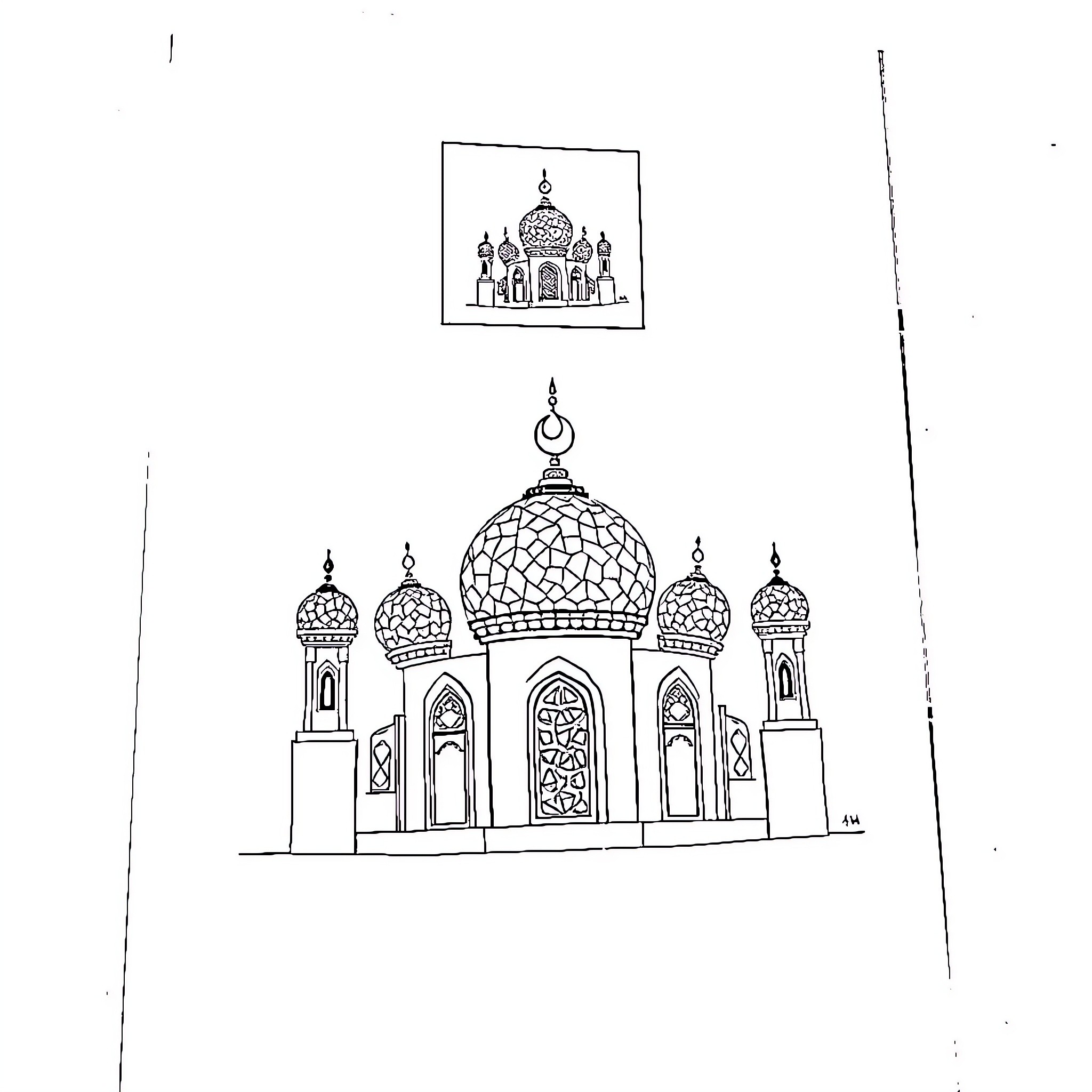 Islamic architectural elements and mosque design Coloring Page (free black-and-white line drawing printable PDF for all, from beginners to advanced learners, including children, teens, adults, and seniors)