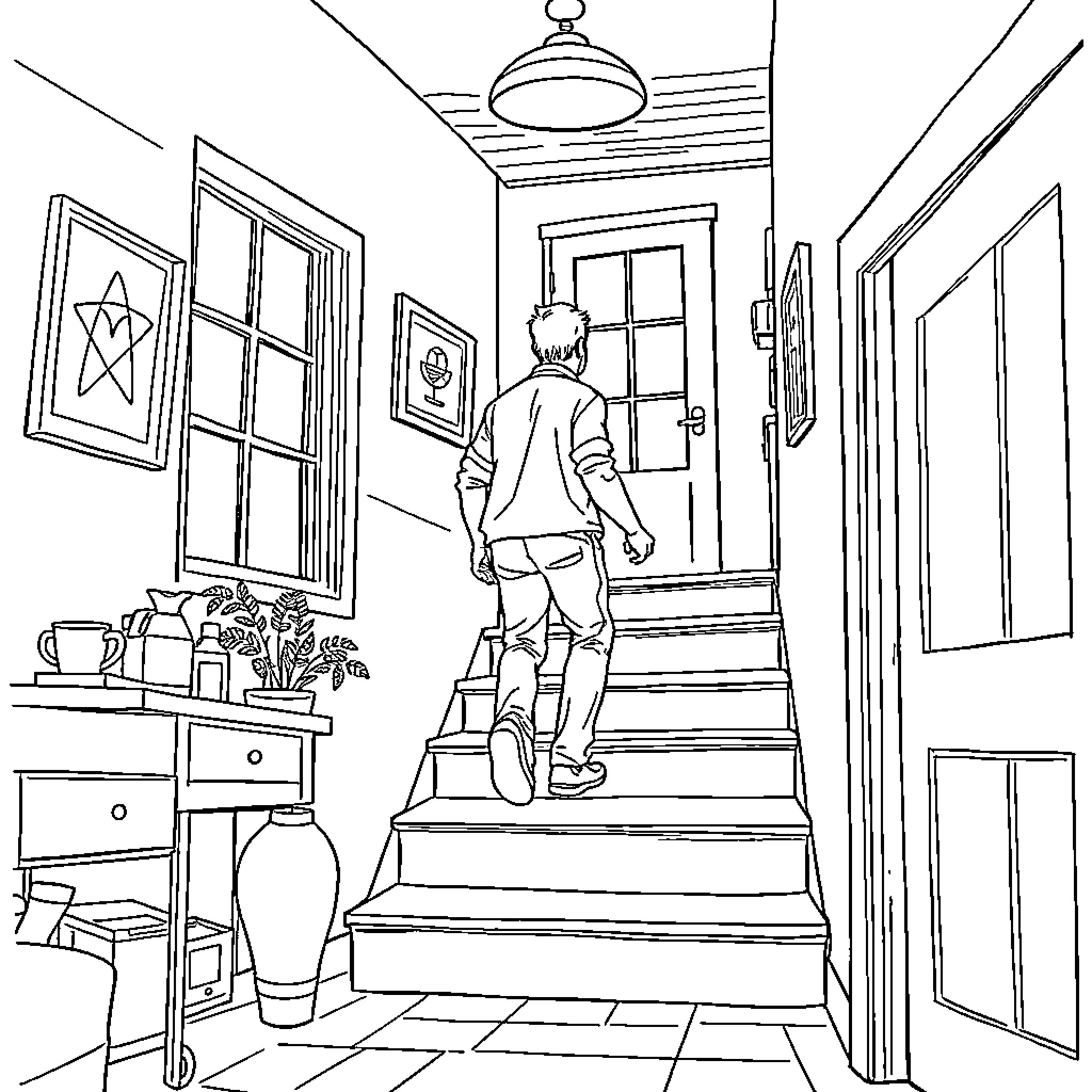 Man walking up stairs in cozy home interior Coloring Page (free black-and-white line drawing printable PDF for all, from beginners to advanced learners, including children, teens, adults, and seniors)