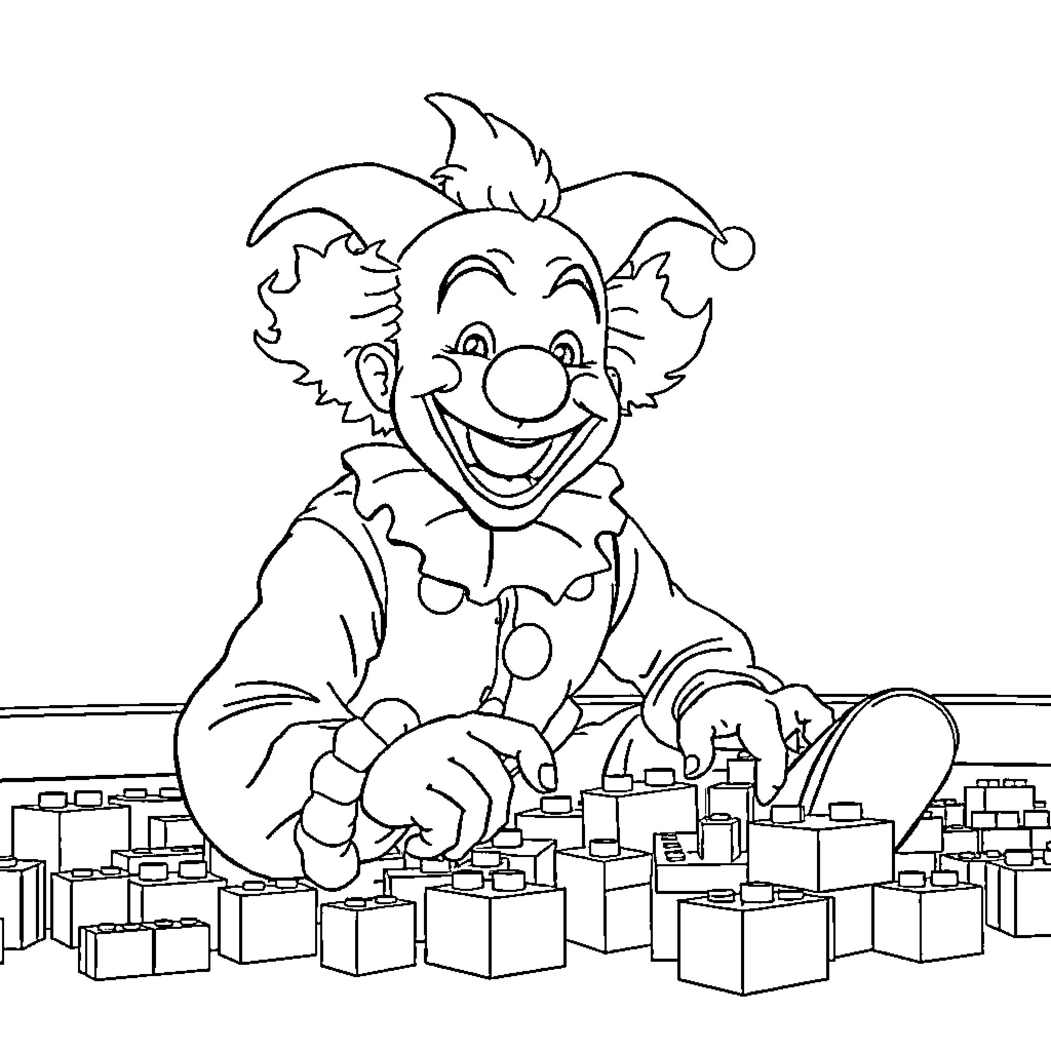 Clown Surrounded by Colorful Gifts Coloring Page (free black-and-white line drawing printable PDF for all, from beginners to advanced learners, including children, teens, adults, and seniors)