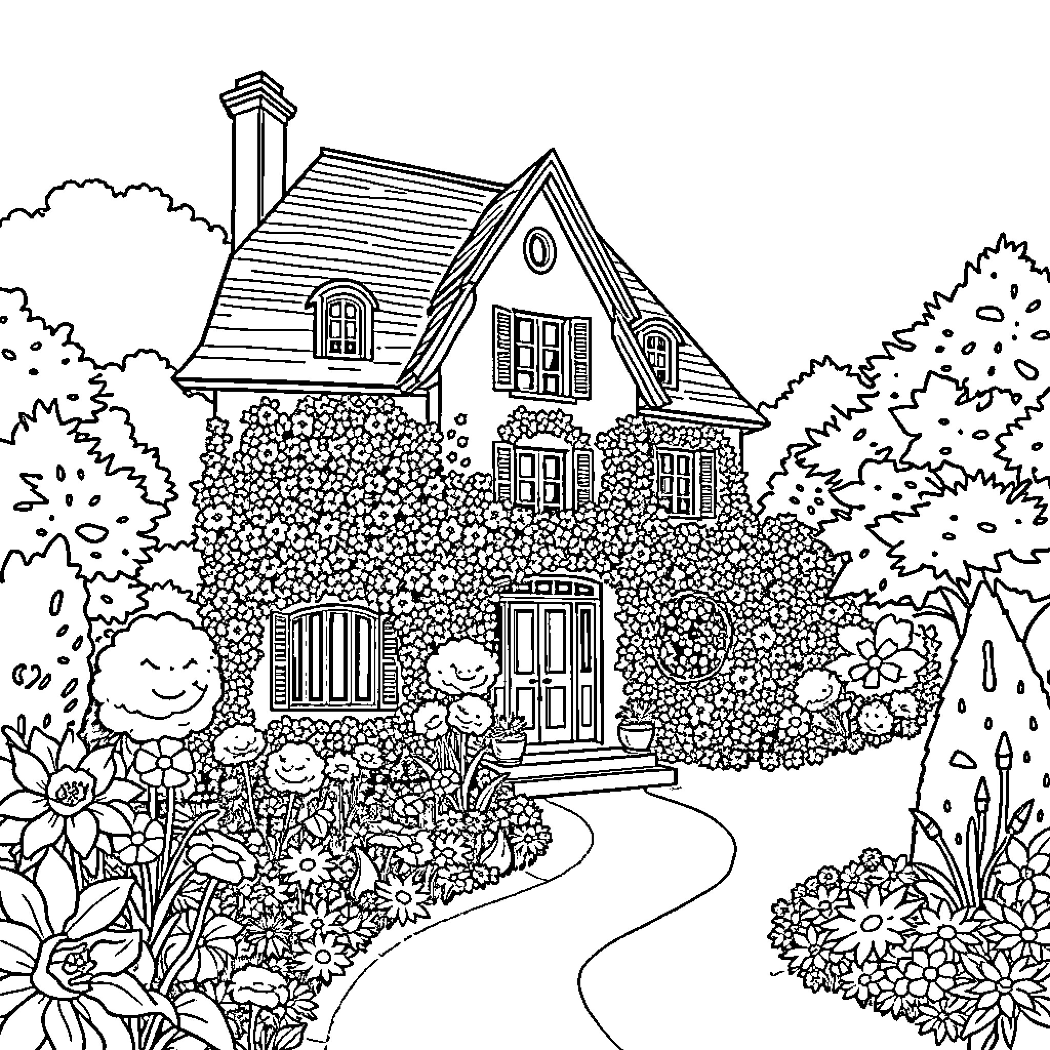 House with Vibrant Floral Garden Coloring Page (free black-and-white line drawing printable PDF for all, from beginners to advanced learners, including children, teens, adults, and seniors)