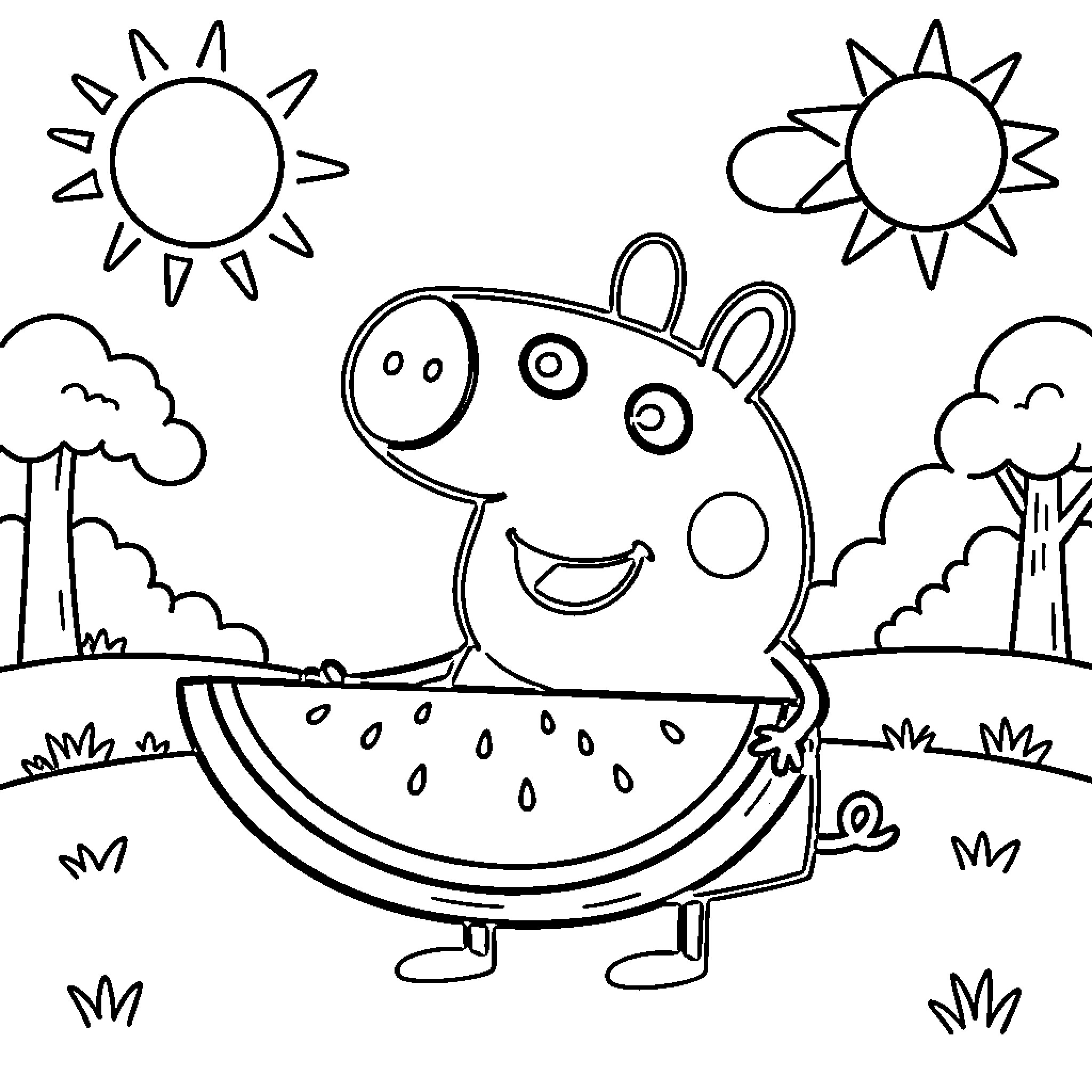 Peppa Pig enjoying a summer day Coloring Page (free black-and-white line drawing printable PDF for all, from beginners to advanced learners, including children, teens, adults, and seniors)