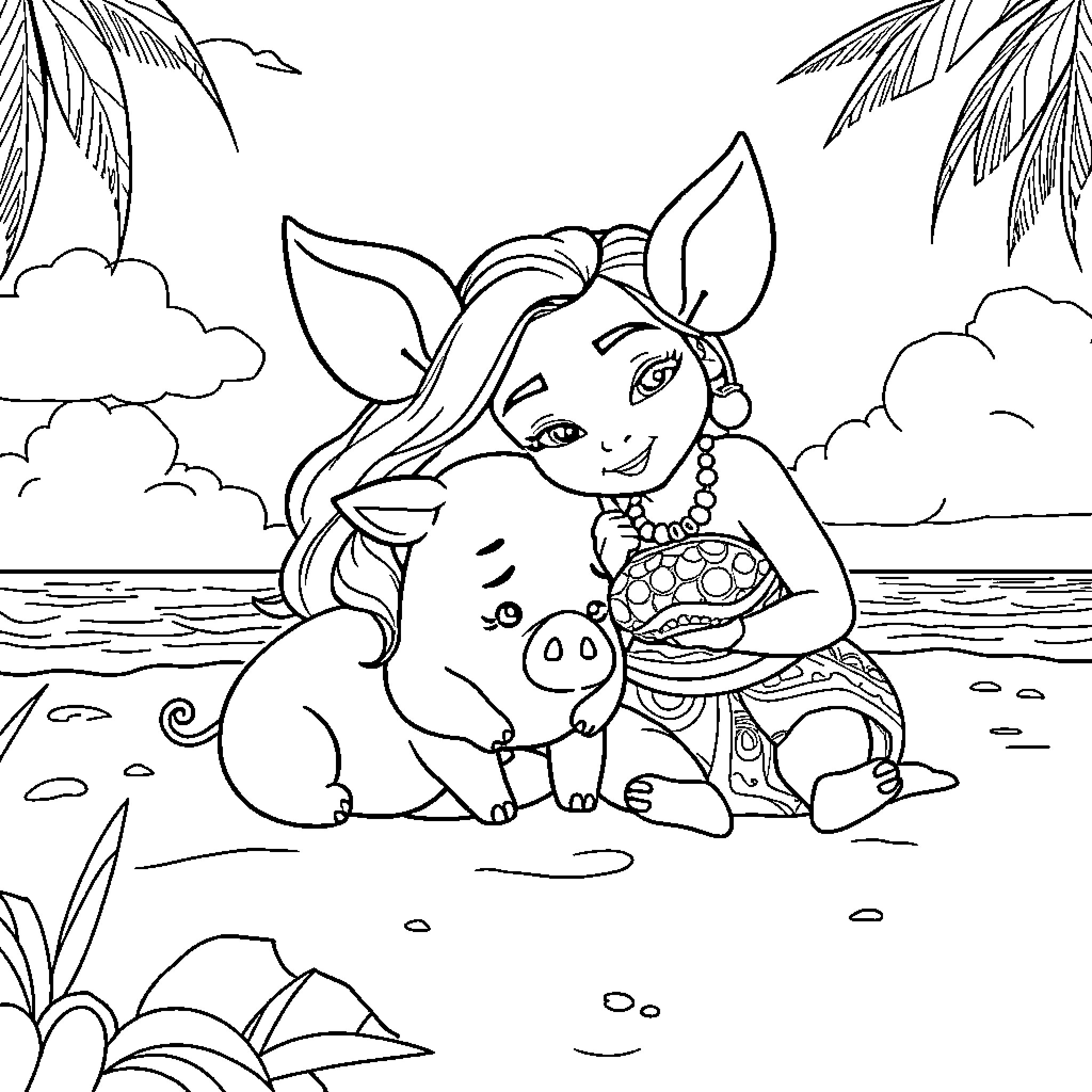 Pua's Tropical Adventure with Pua the Pig Coloring Page (free black-and-white line drawing printable PDF for all, from beginners to advanced learners, including children, teens, adults, and seniors)