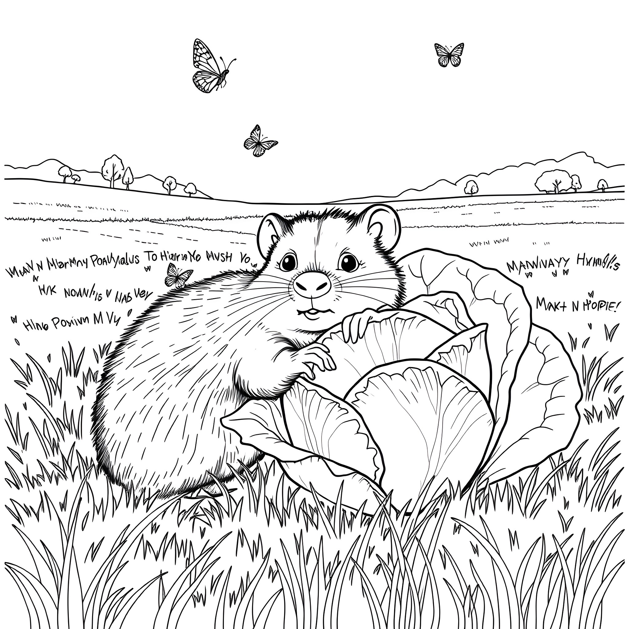 Wombat exploring the lush garden with butterflies Coloring Page (free black-and-white line drawing printable PDF for all, from beginners to advanced learners, including children, teens, adults, and seniors)