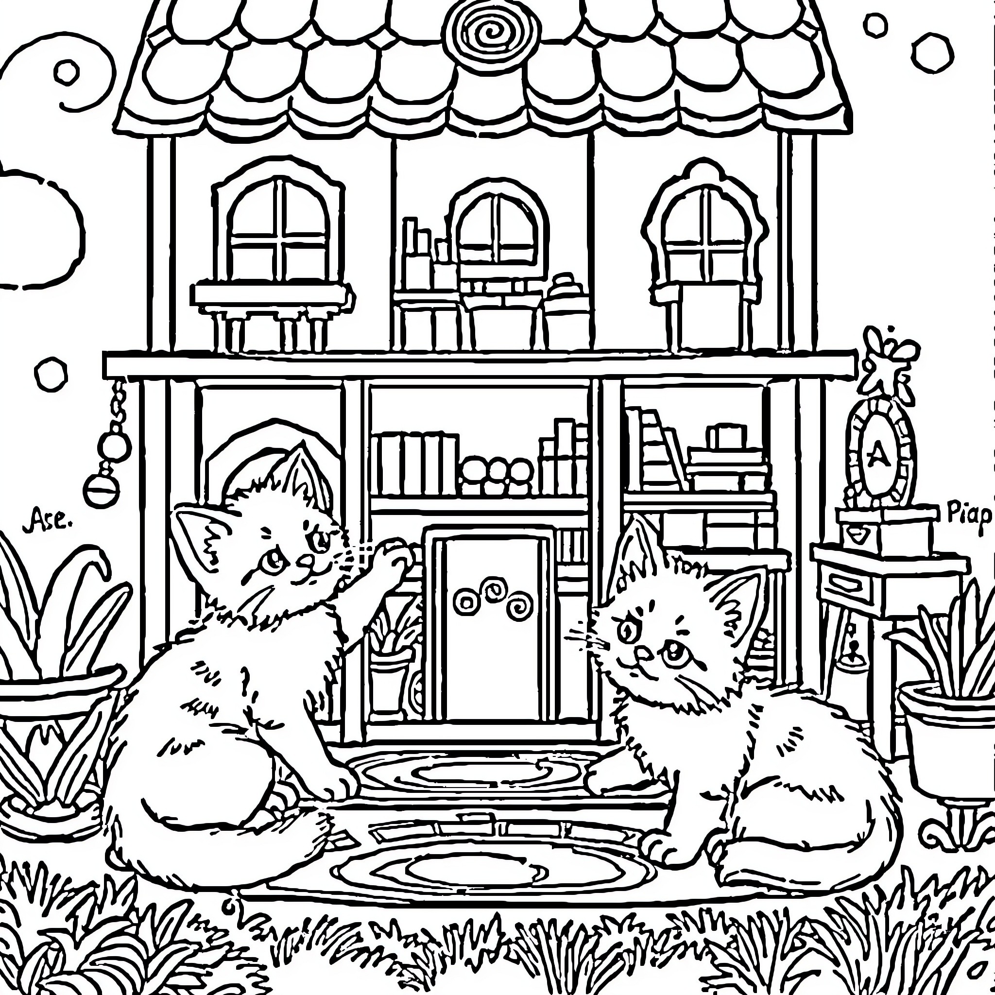 Kitty companions in a cozy home Coloring Page (free black-and-white line drawing printable PDF for all, from beginners to advanced learners, including children, teens, adults, and seniors)