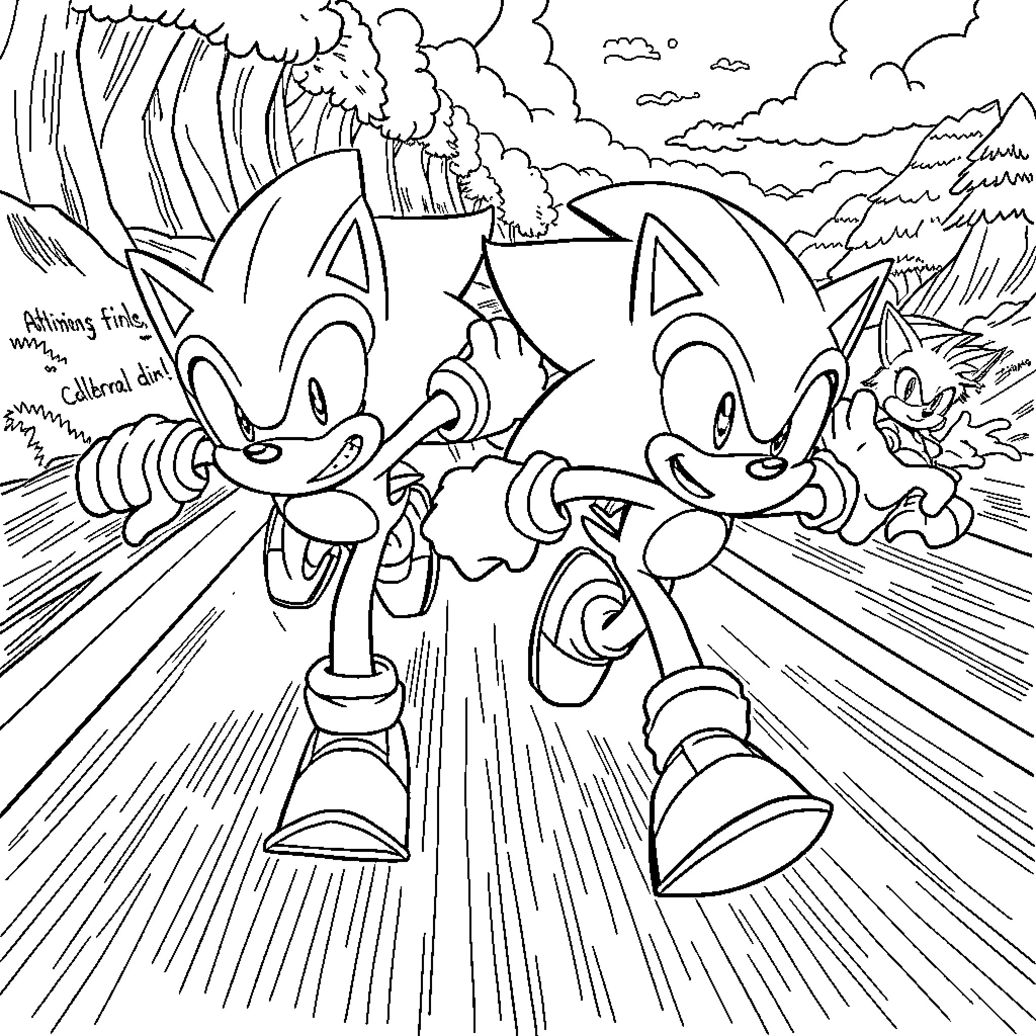 Sonic and friends running on the path through the forest Coloring Page (free black-and-white line drawing printable PDF for all, from beginners to advanced learners, including children, teens, adults, and seniors)