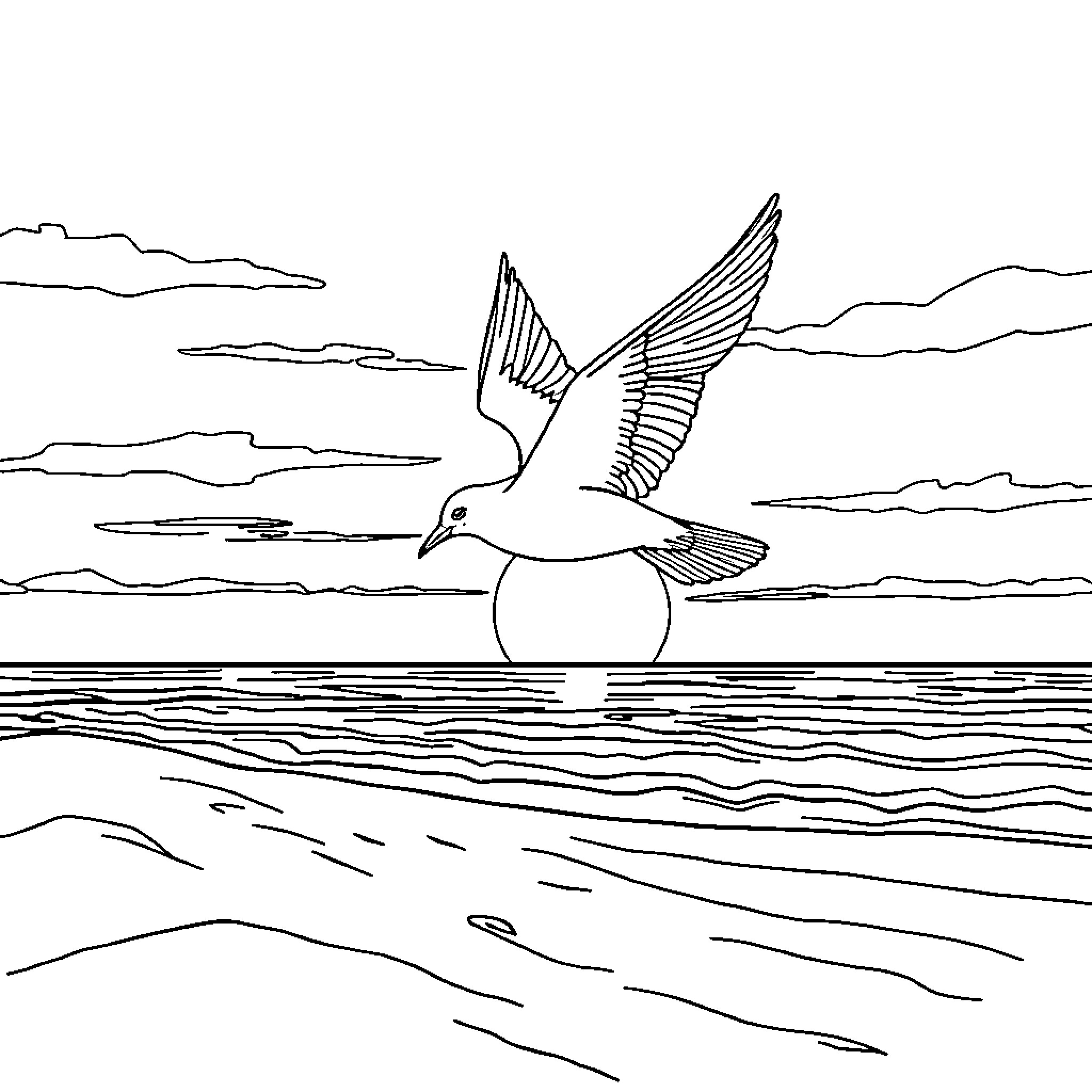 Bird soaring gracefully over the waves Coloring Page (free black-and-white line drawing printable PDF for all, from beginners to advanced learners, including children, teens, adults, and seniors)