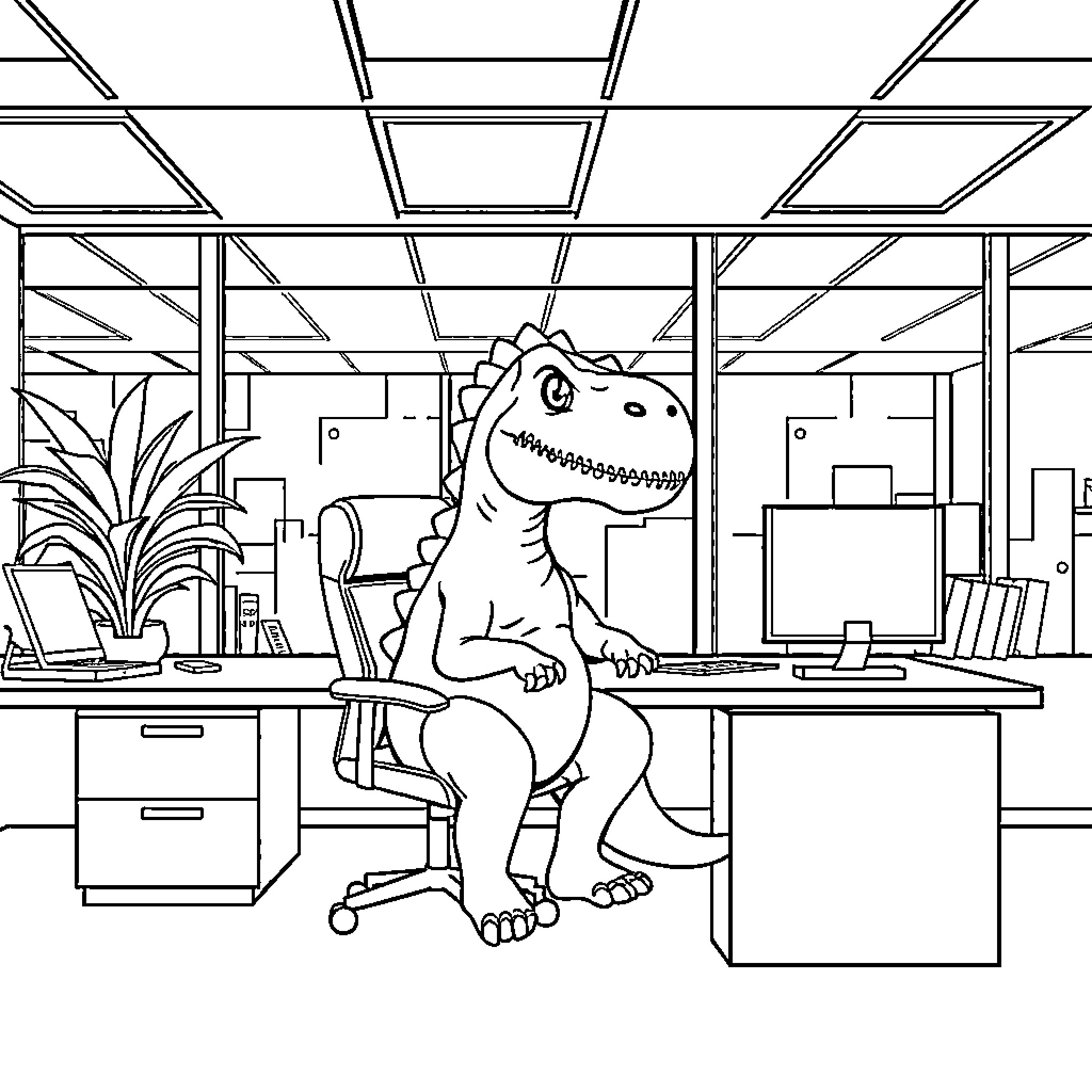 Dinosaur relaxing at modern office desk Coloring Page (free black-and-white line drawing printable PDF for all, from beginners to advanced learners, including children, teens, adults, and seniors)