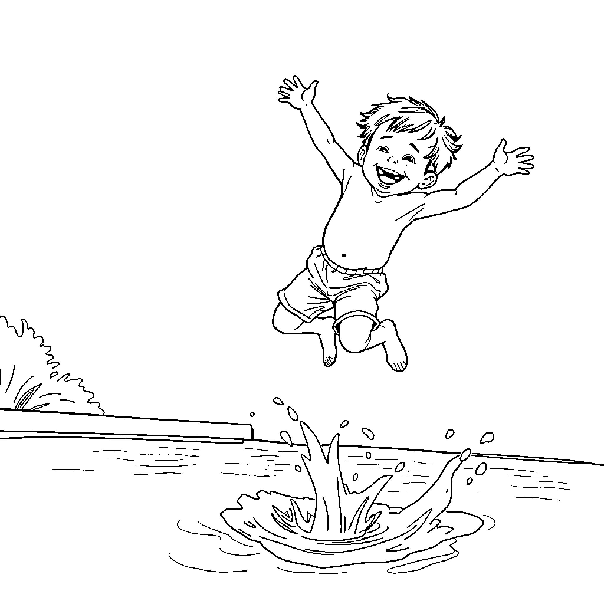 Child joyfully jumping into the water Coloring Page (free black-and-white line drawing printable PDF for all, from beginners to advanced learners, including children, teens, adults, and seniors)