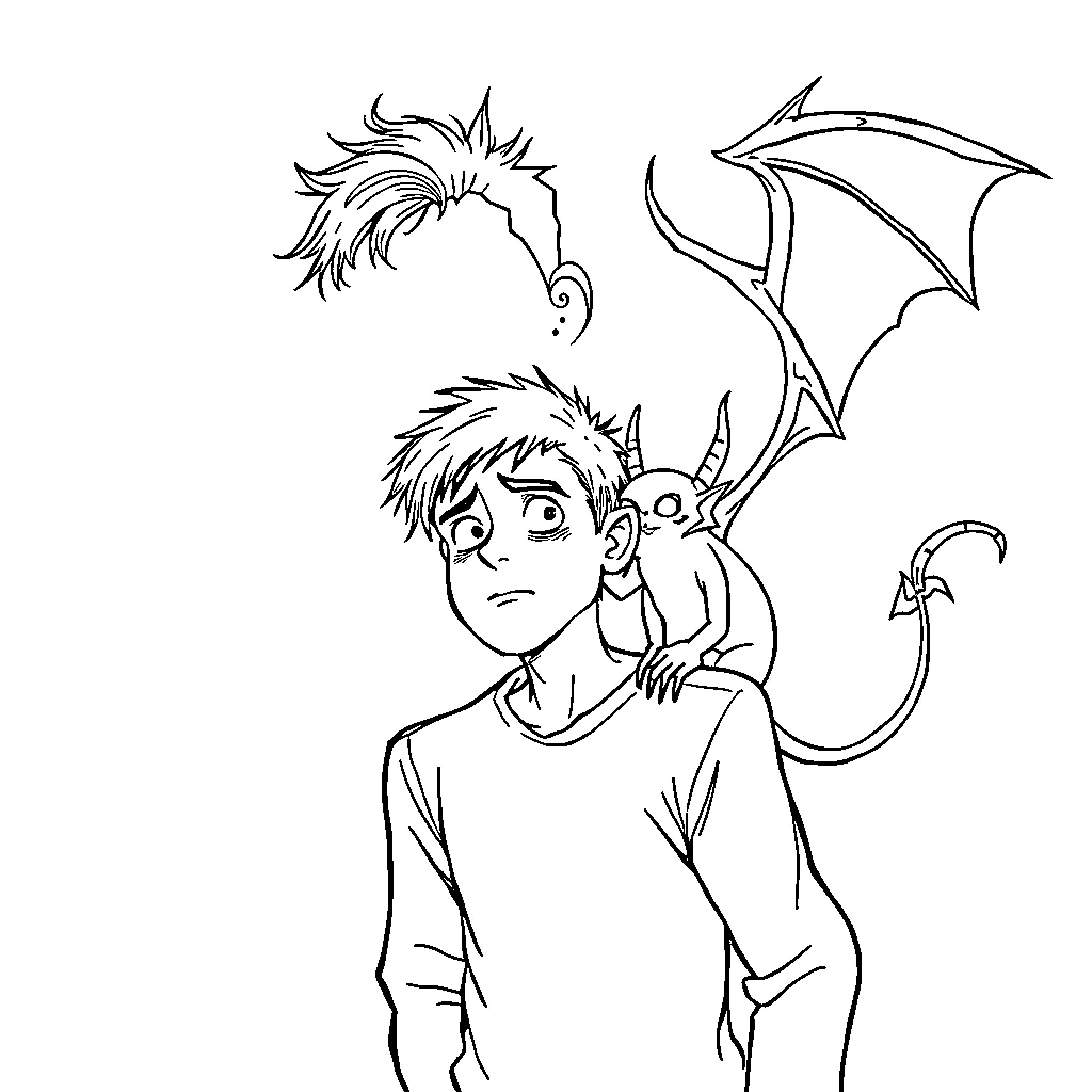 Demon boy and his monstrous companion Coloring Page (free black-and-white line drawing printable PDF for all, from beginners to advanced learners, including children, teens, adults, and seniors)