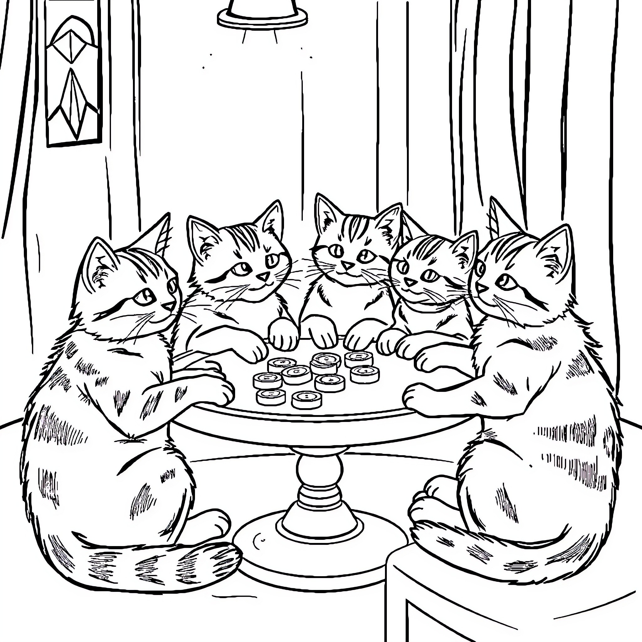 Cat group enjoying snacks together in cozy interior Coloring Page (free black-and-white line drawing printable PDF for all, from beginners to advanced learners, including children, teens, adults, and seniors)