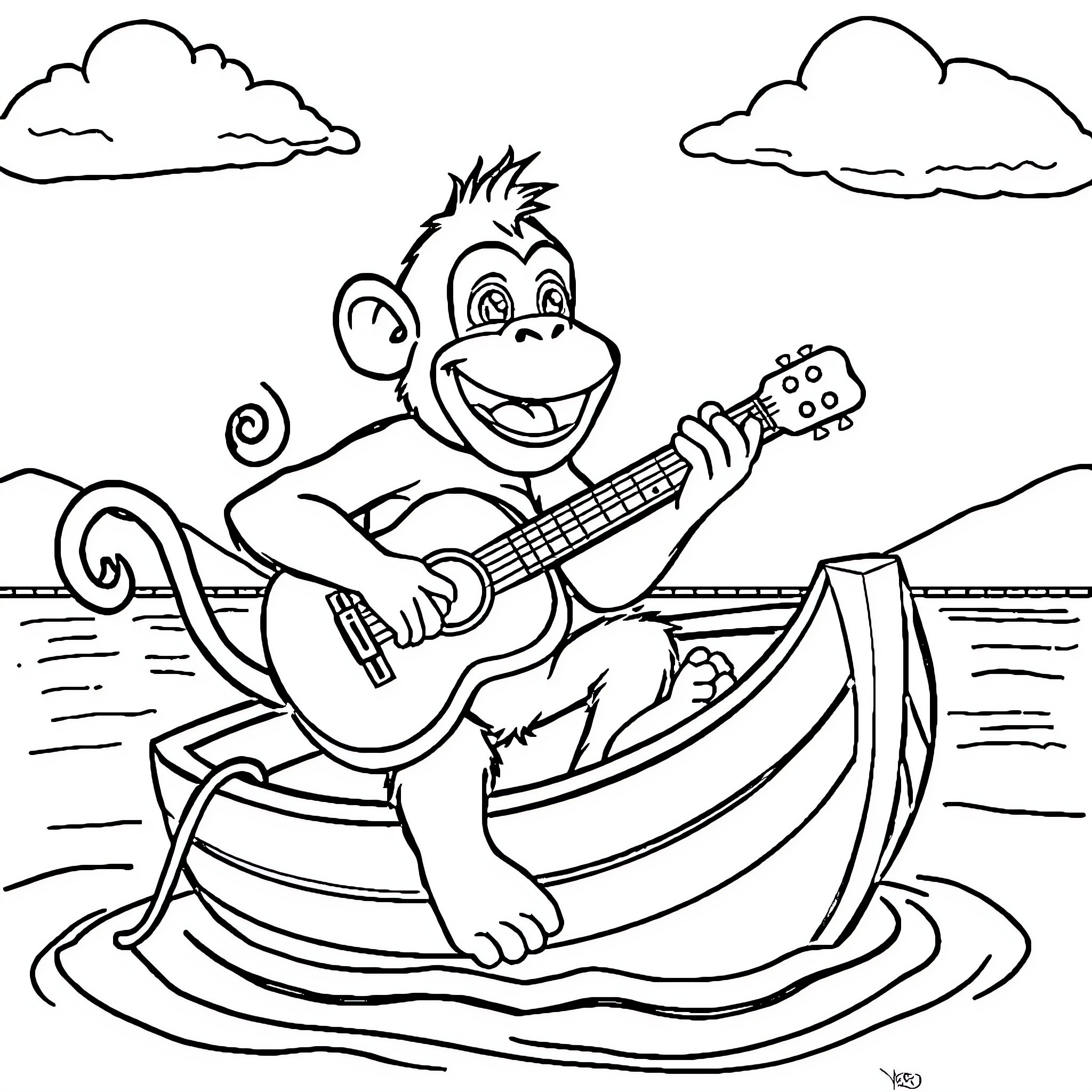 Monkey playing guitar in a boat on the water Coloring Page (free black-and-white line drawing printable PDF for all, from beginners to advanced learners, including children, teens, adults, and seniors)