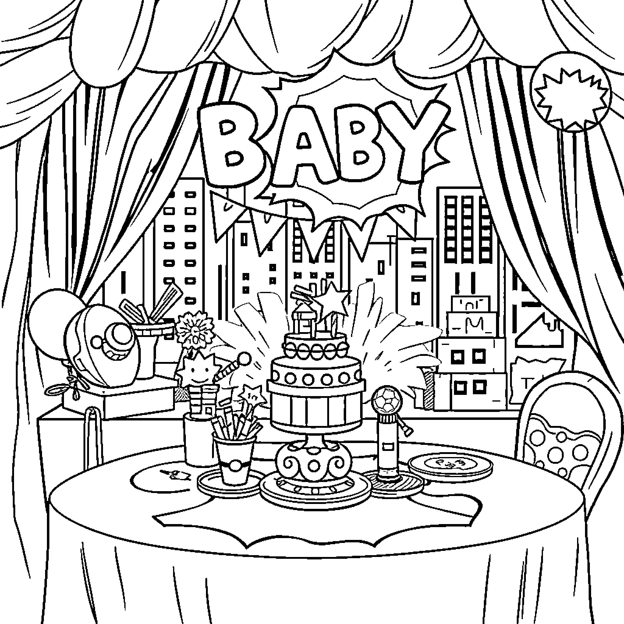 Baby Shower Celebration with Cake and City Skyline Coloring Page (free black-and-white line drawing printable PDF for all, from beginners to advanced learners, including children, teens, adults, and seniors)