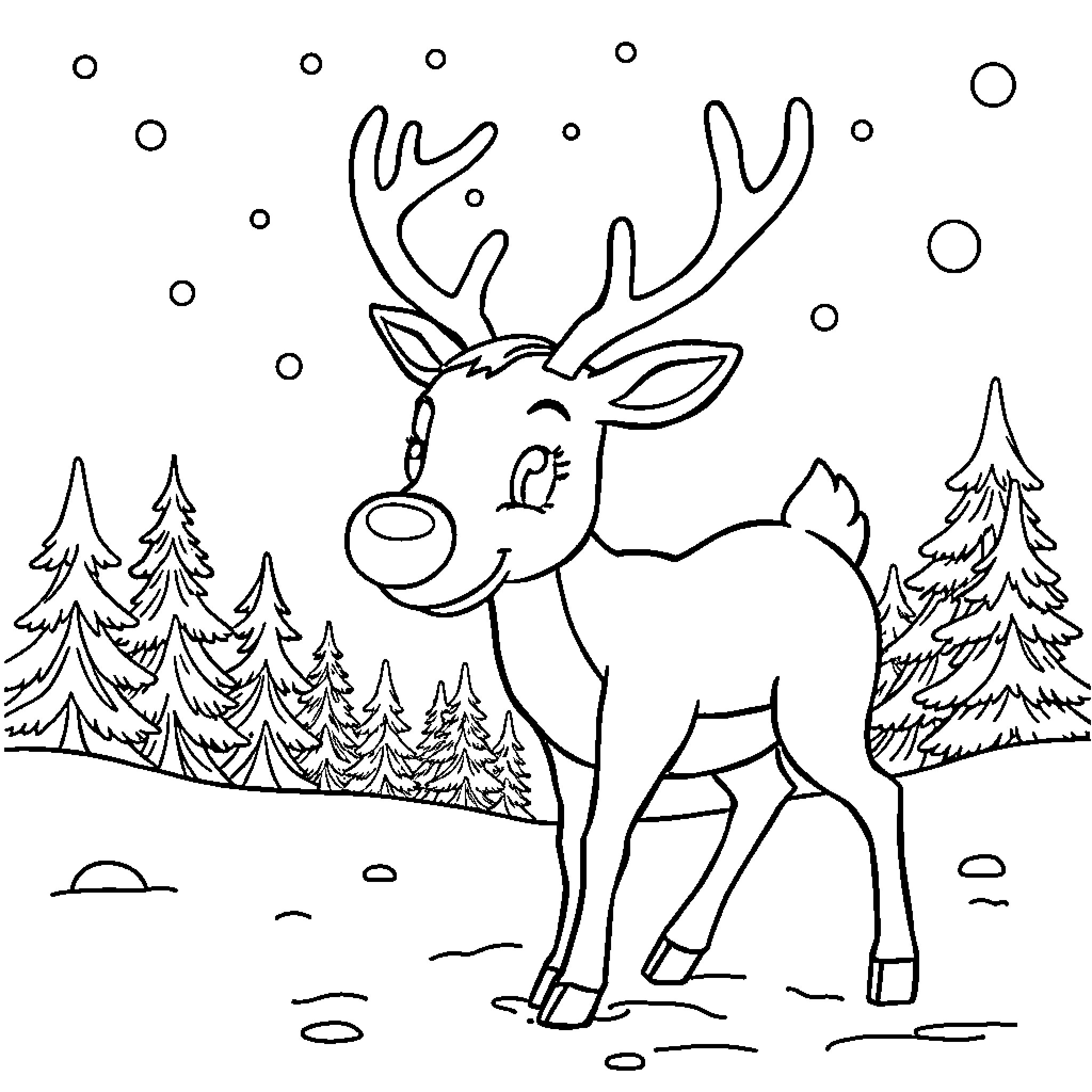 Reindeer standing in snowy forest Coloring Page (free black-and-white line drawing printable PDF for all, from beginners to advanced learners, including children, teens, adults, and seniors)