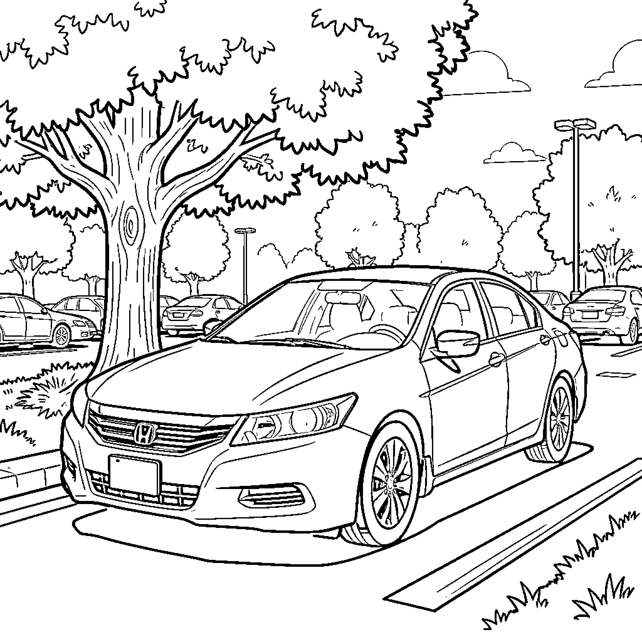 Honda Accord in a peaceful suburban setting Coloring Page (free black-and-white line drawing printable PDF for all, from beginners to advanced learners, including children, teens, adults, and seniors)