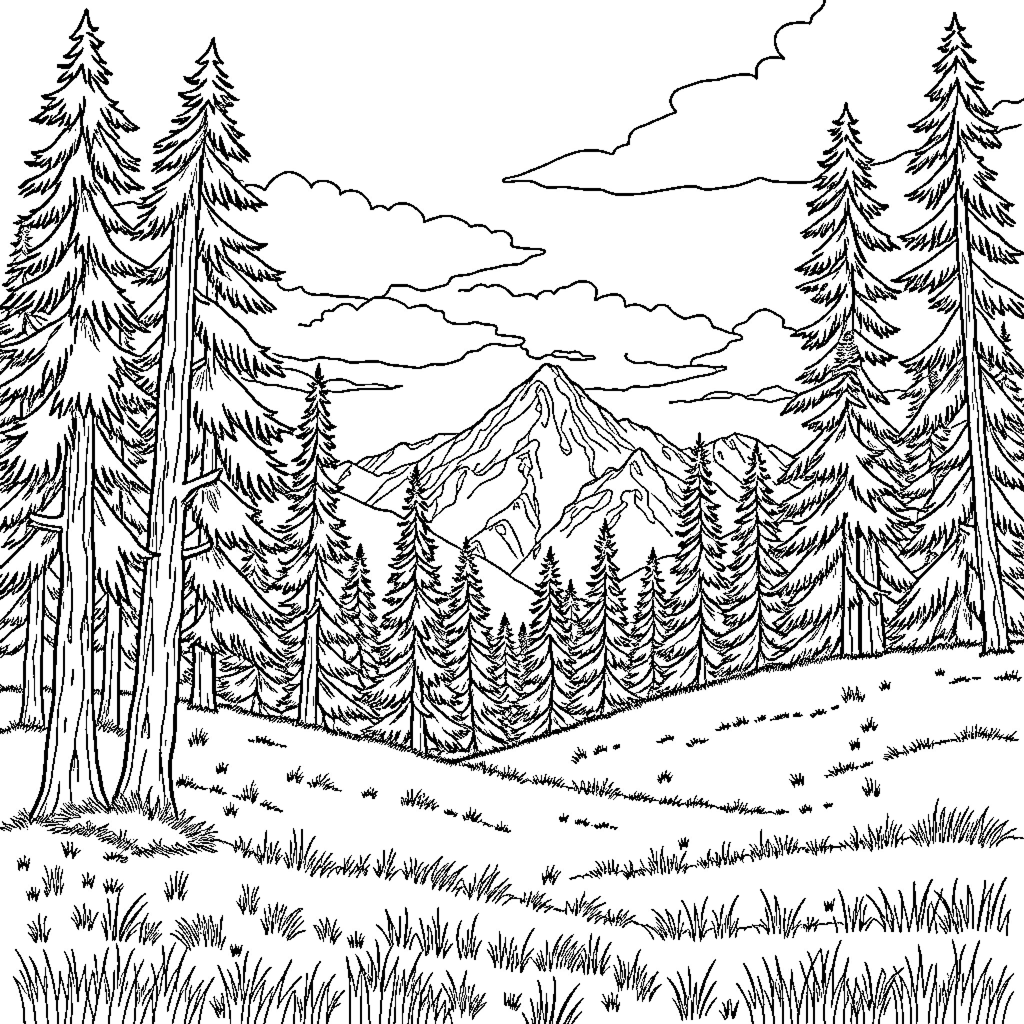 Mountain Landscape with Evergreen Forest and Scenic Views Coloring Page (free black-and-white line drawing printable PDF for all, from beginners to advanced learners, including children, teens, adults, and seniors)