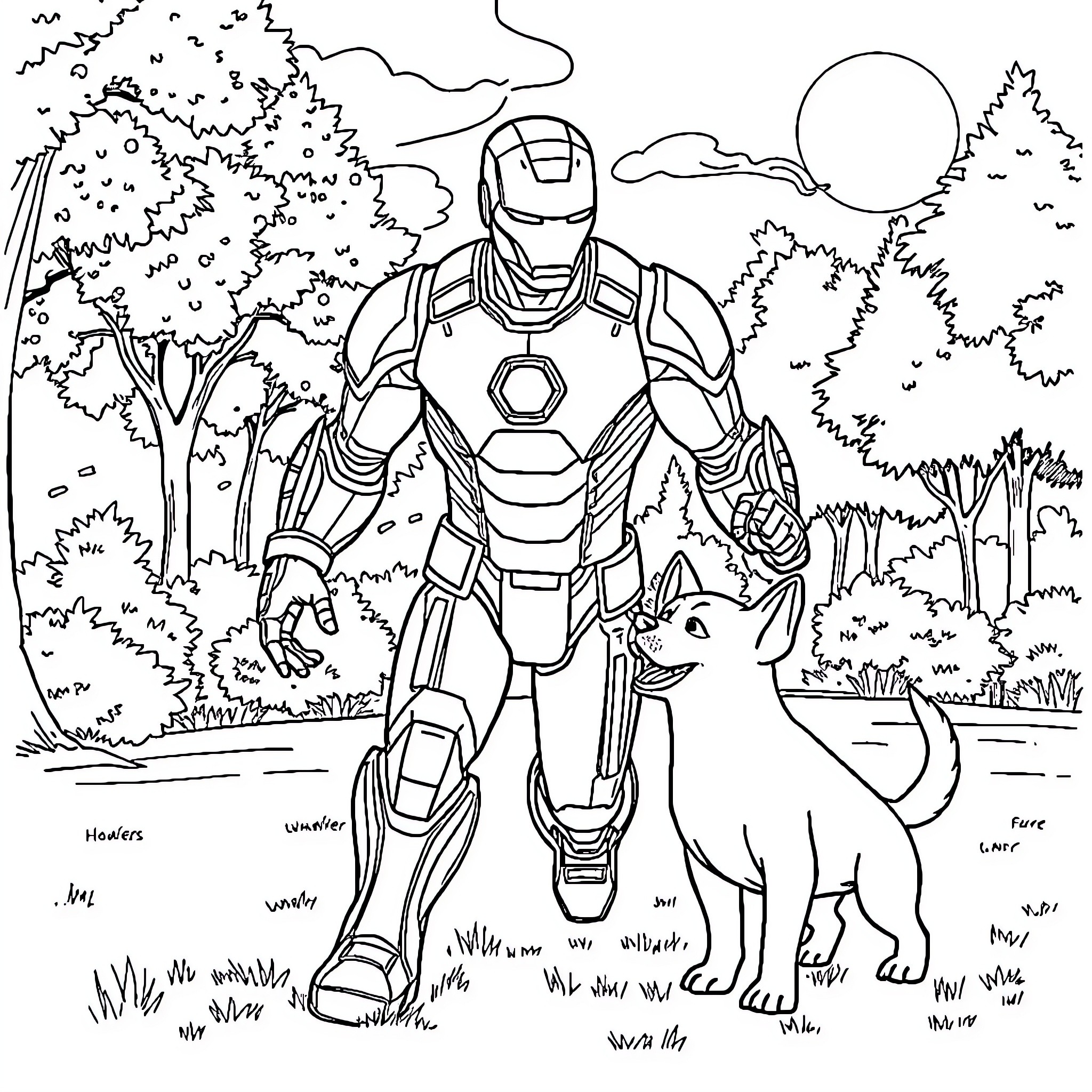 Iron Man assisting a loyal companion in the wilderness Coloring Page (free black-and-white line drawing printable PDF for all, from beginners to advanced learners, including children, teens, adults, and seniors)
