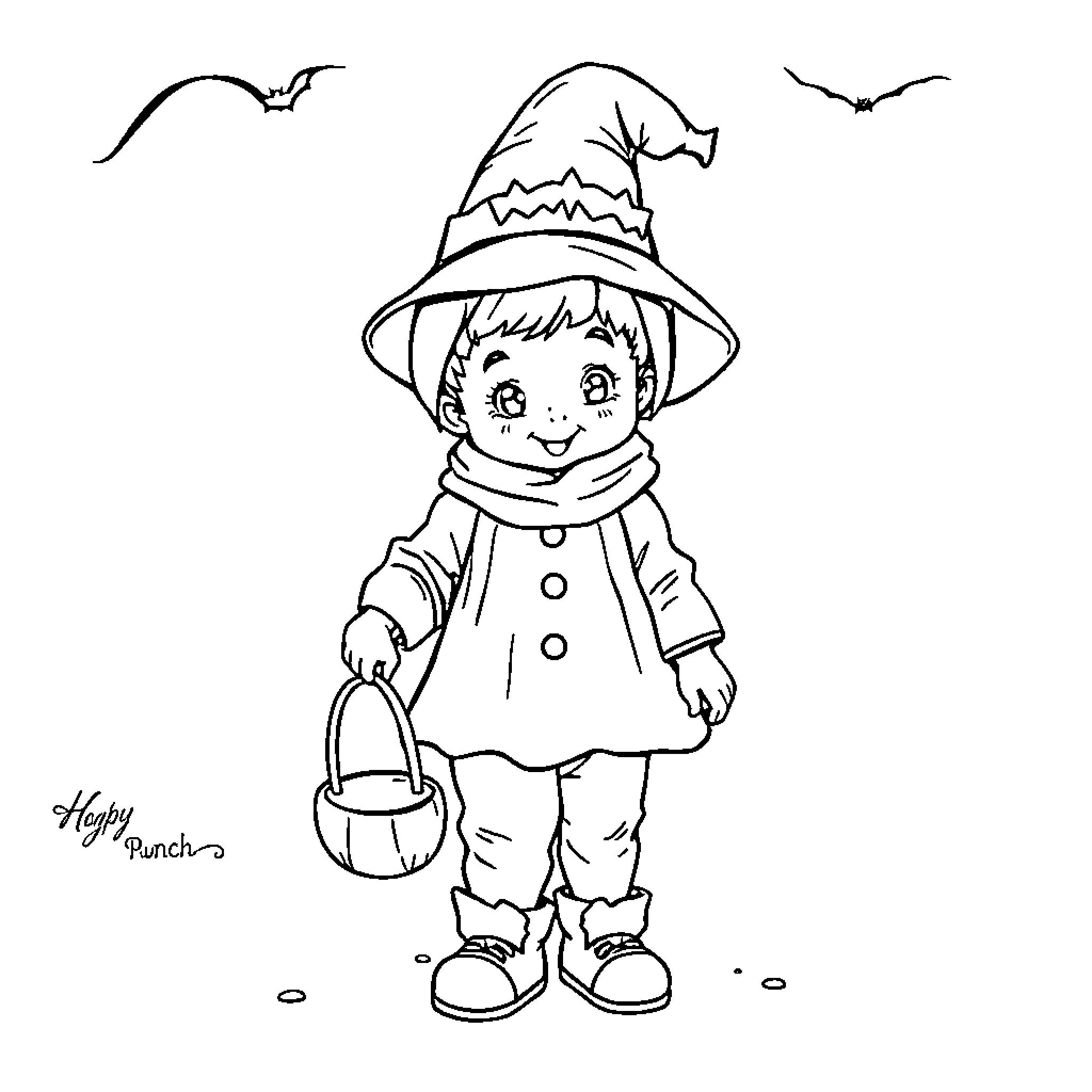 Toddler in Halloween costume holding a basket Coloring Page (free black-and-white line drawing printable PDF for all, from beginners to advanced learners, including children, teens, adults, and seniors)