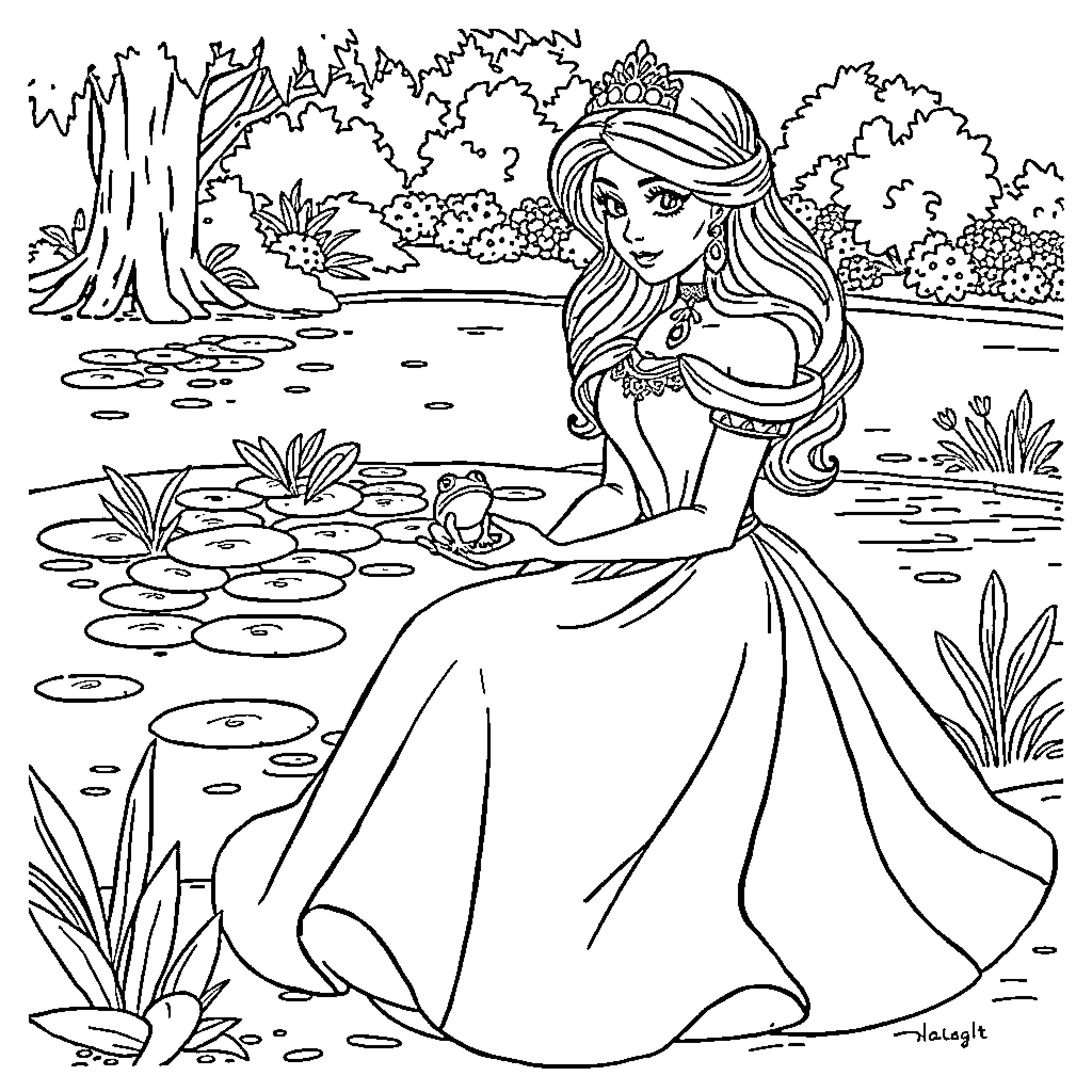 Princess in a Serene Garden Landscape Coloring Page (free black-and-white line drawing printable PDF for all, from beginners to advanced learners, including children, teens, adults, and seniors)