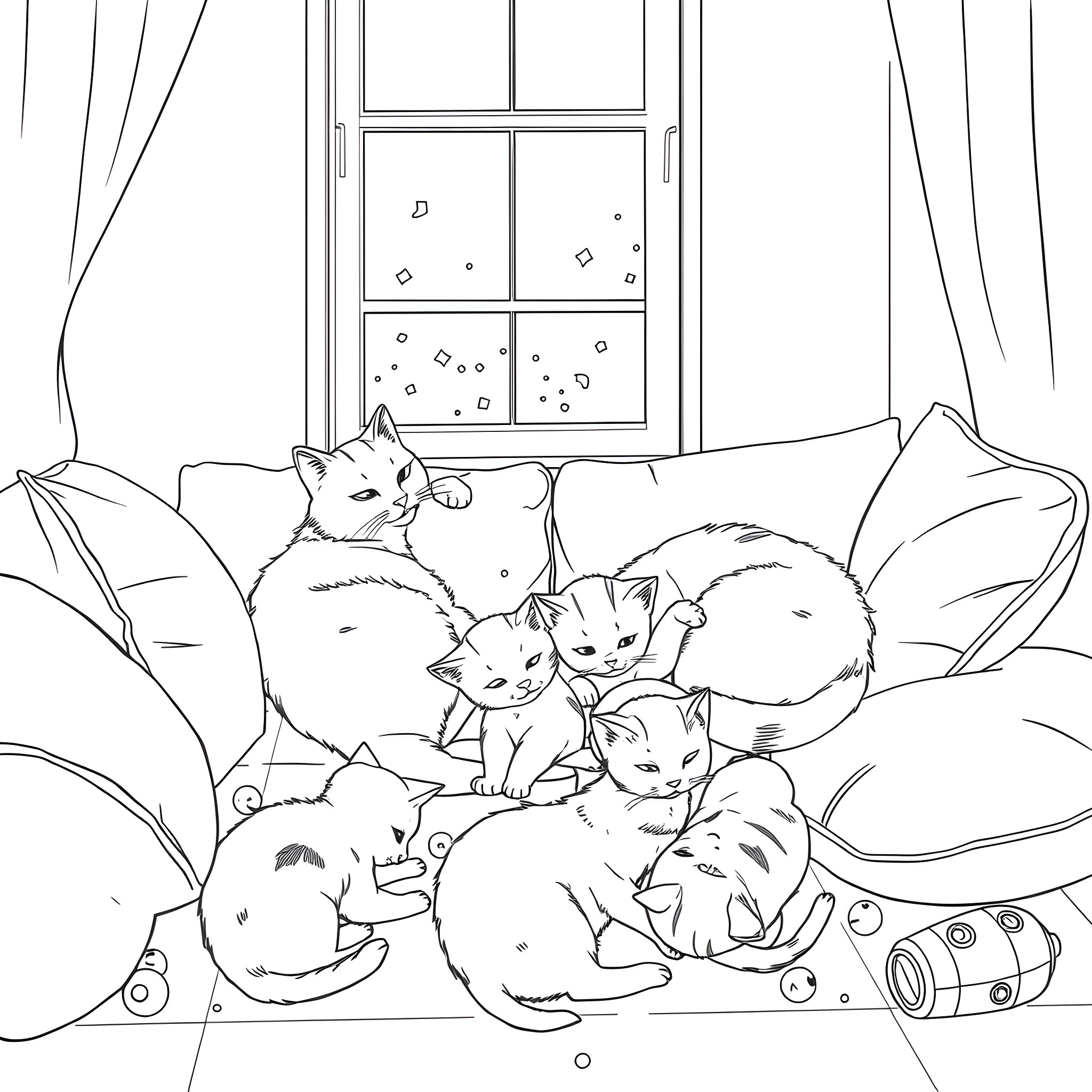 Cats cuddling on the couch in front of a window Coloring Page (free black-and-white line drawing printable PDF for all, from beginners to advanced learners, including children, teens, adults, and seniors)